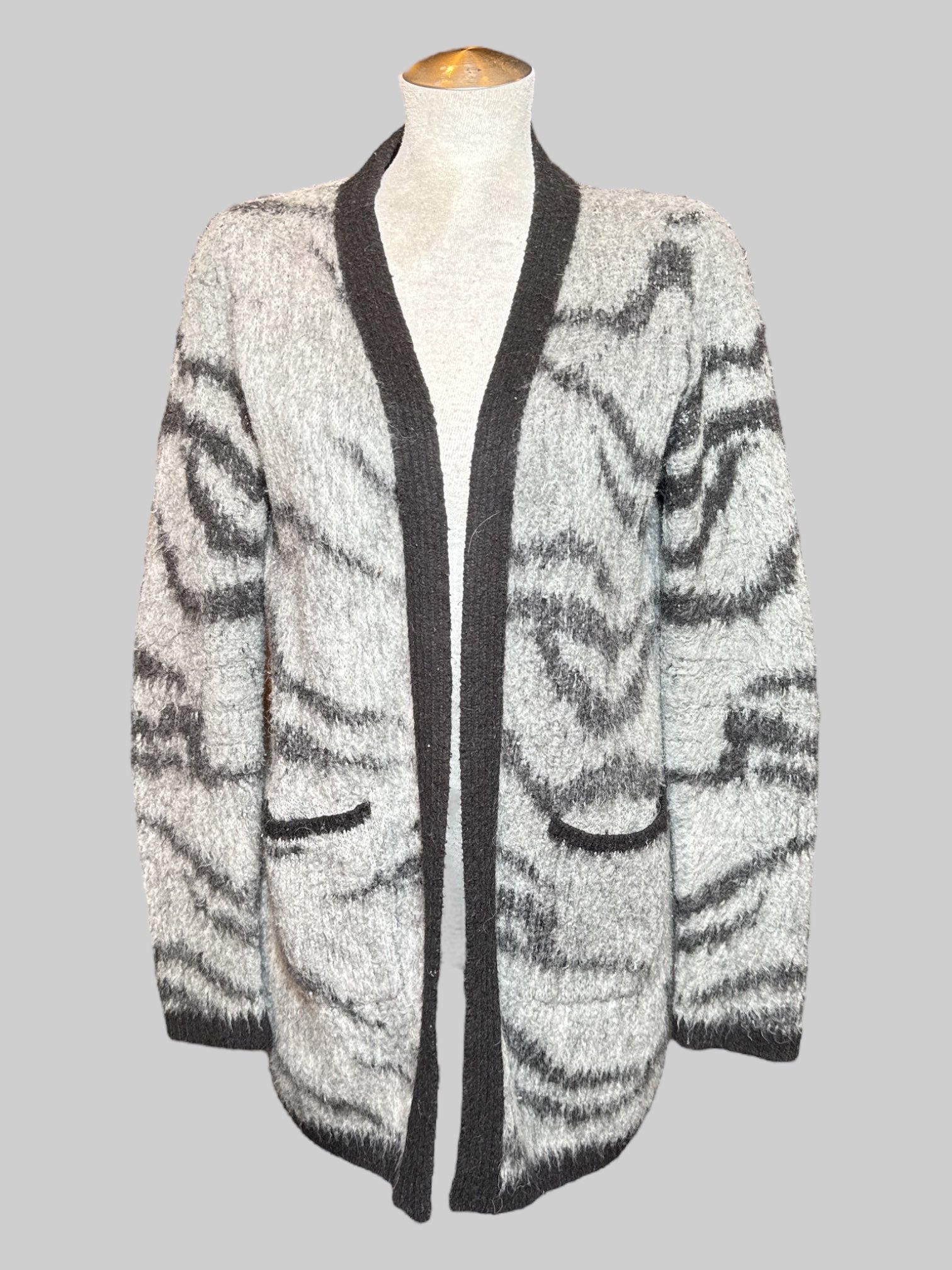 M White House Black Market fuzzy gray and black stripes and trim cardigan