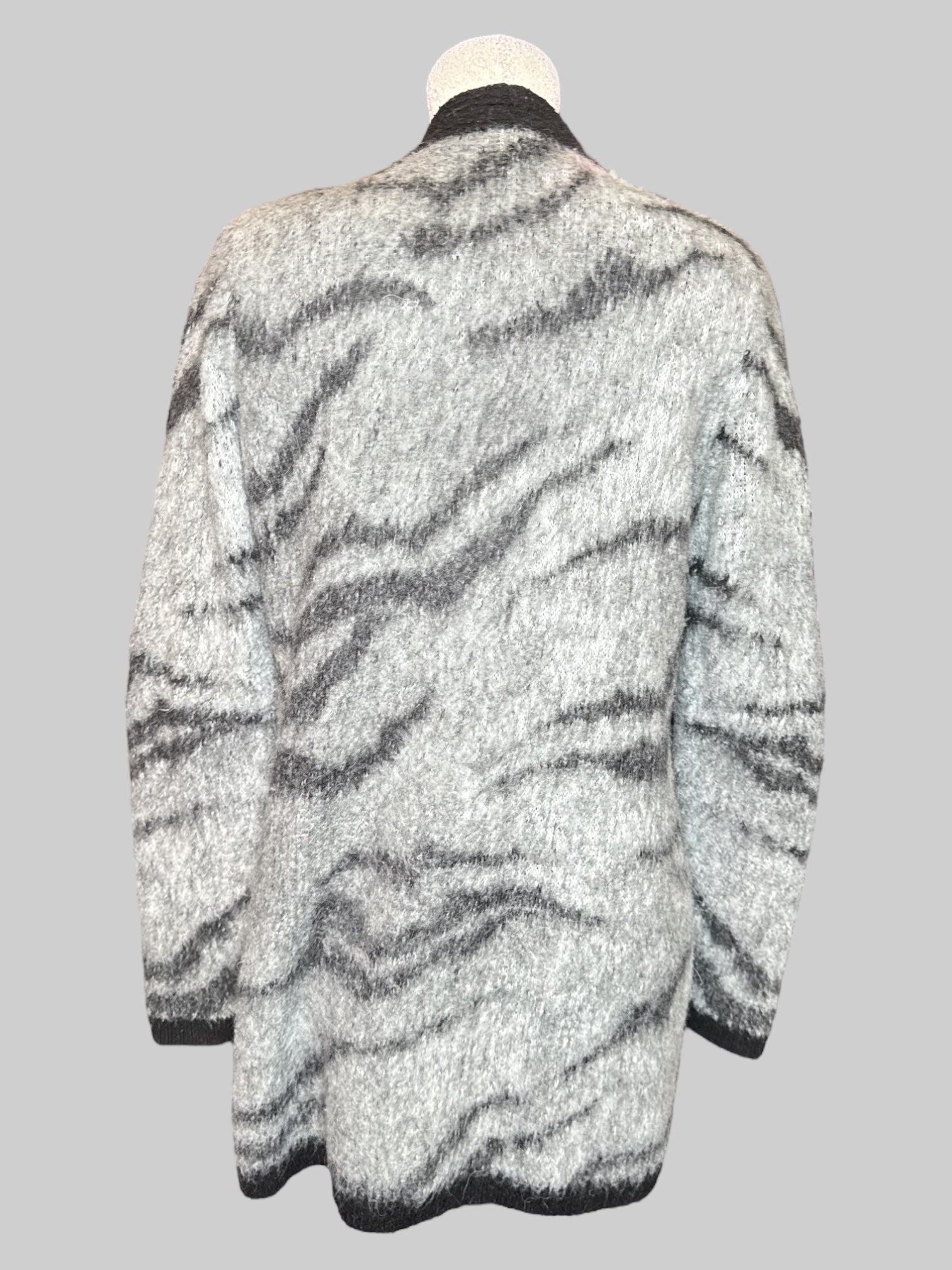 M White House Black Market fuzzy gray and black stripes and trim cardigan