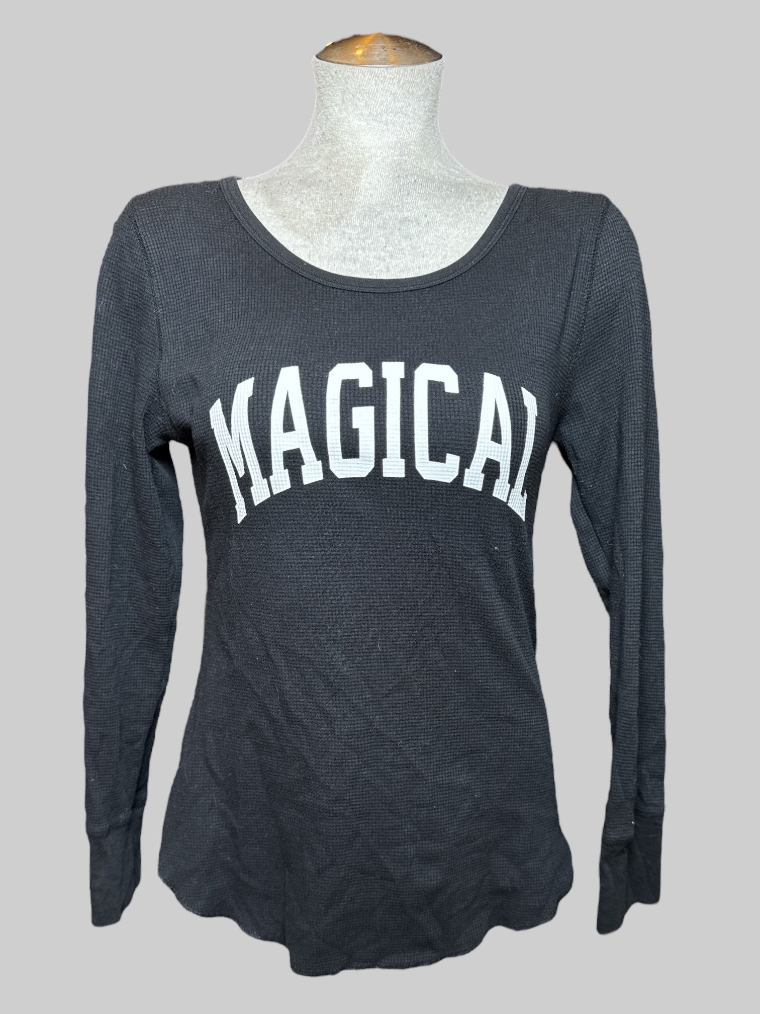 L Old Navy black waffle knit long sleeve shirt with “Magical” graphic