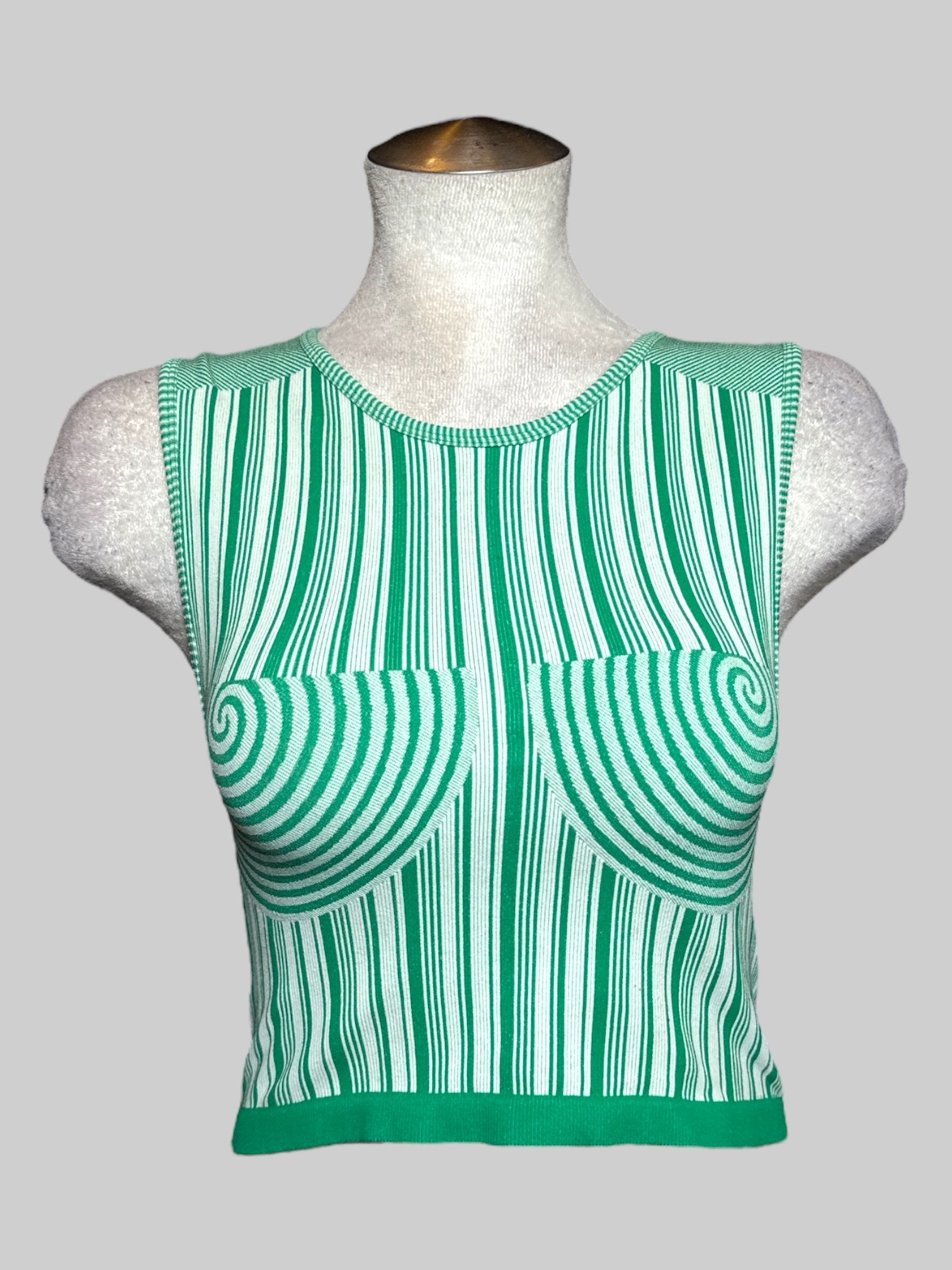 L Love J USA green and white striped sleeveless top with circular pattern on chest