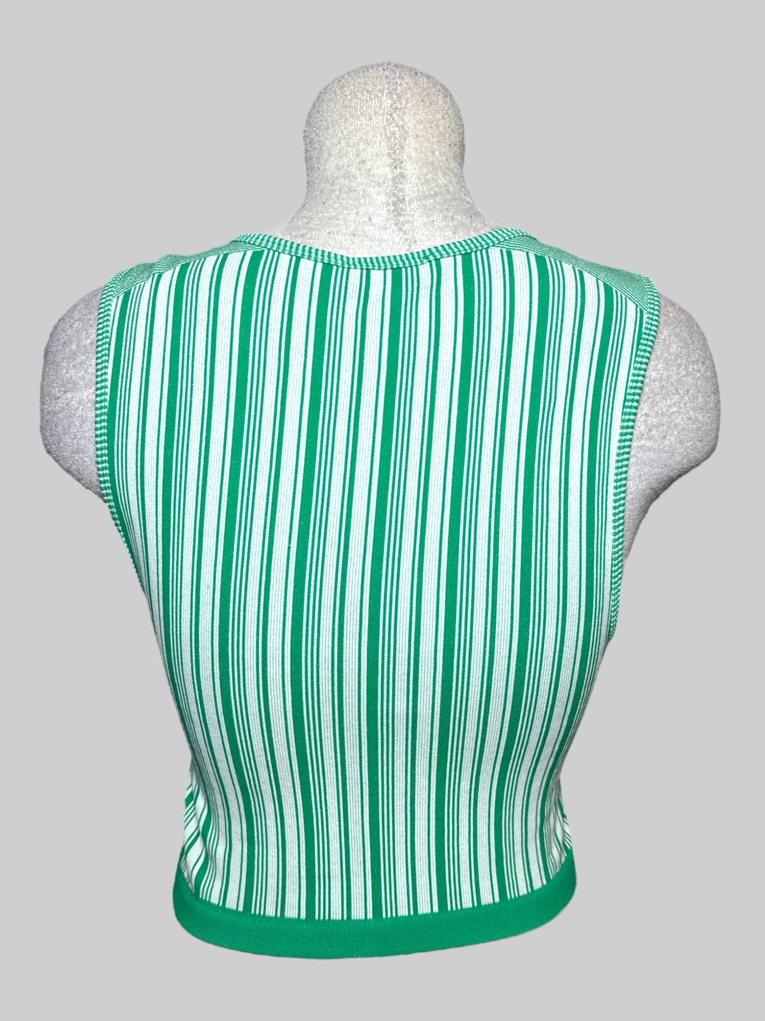 L Love J USA green and white striped sleeveless top with circular pattern on chest