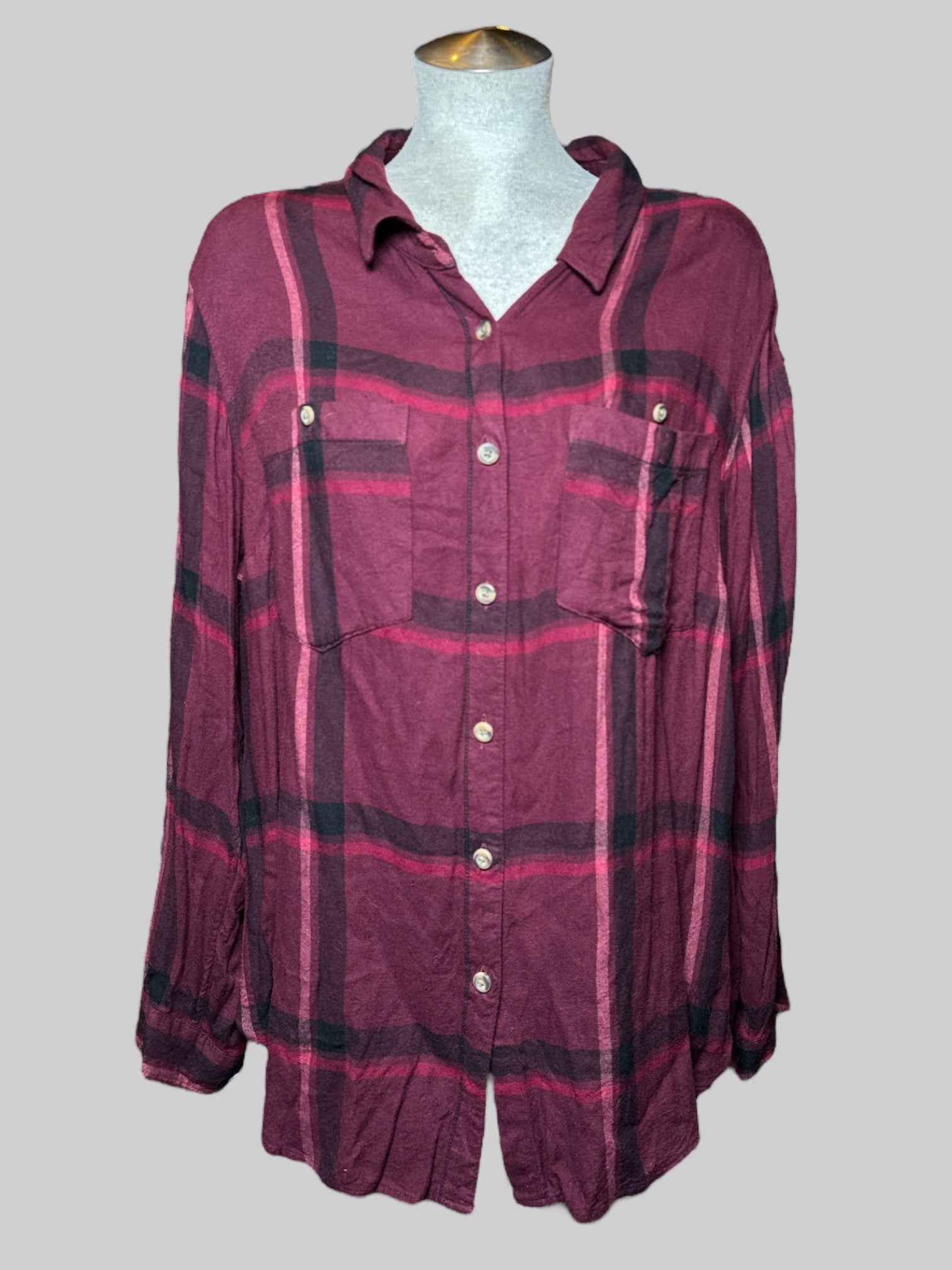 0X AVA & VIV burgundy, black, and pink plaid button up top