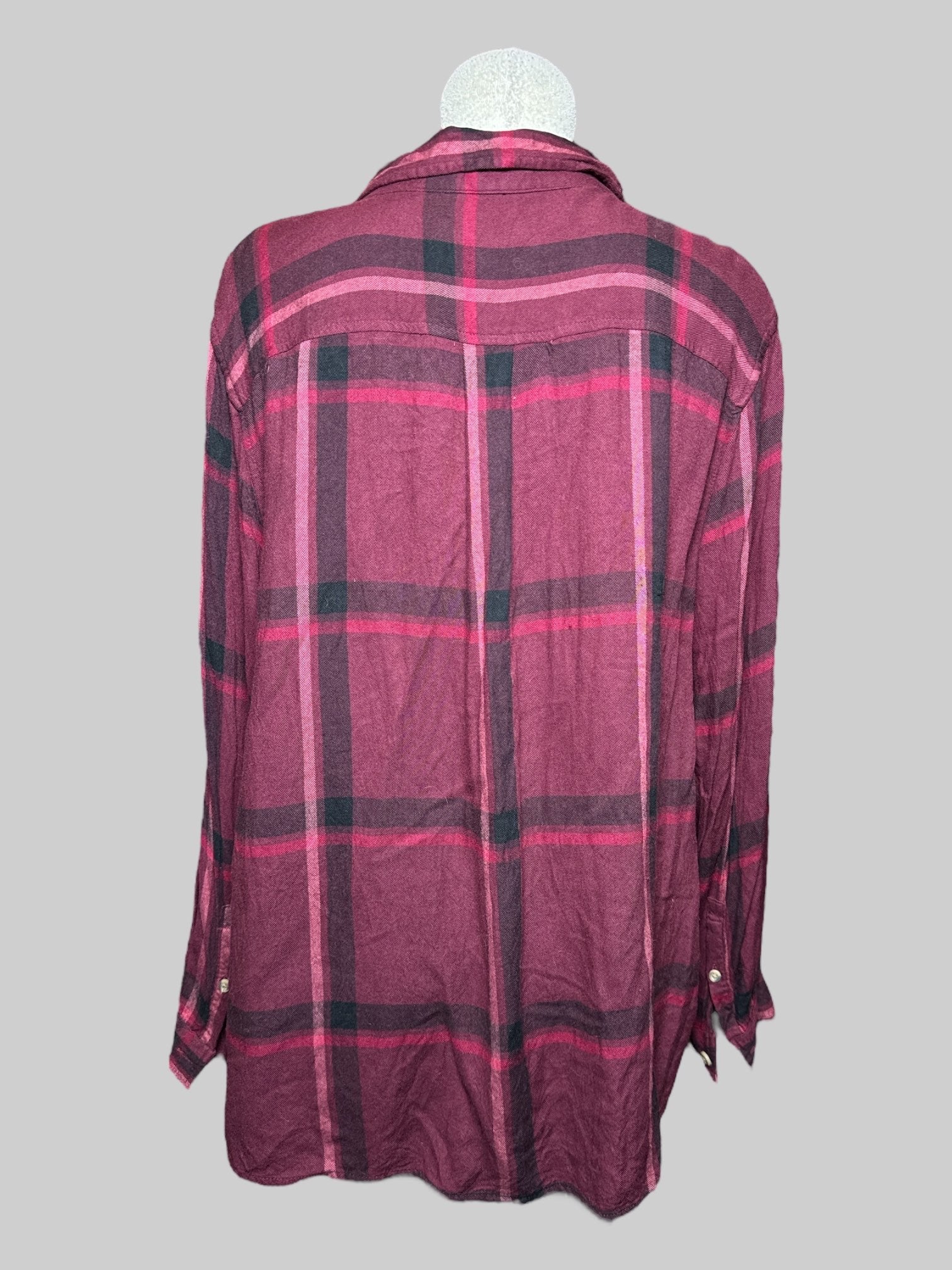 0X AVA & VIV burgundy, black, and pink plaid button up top