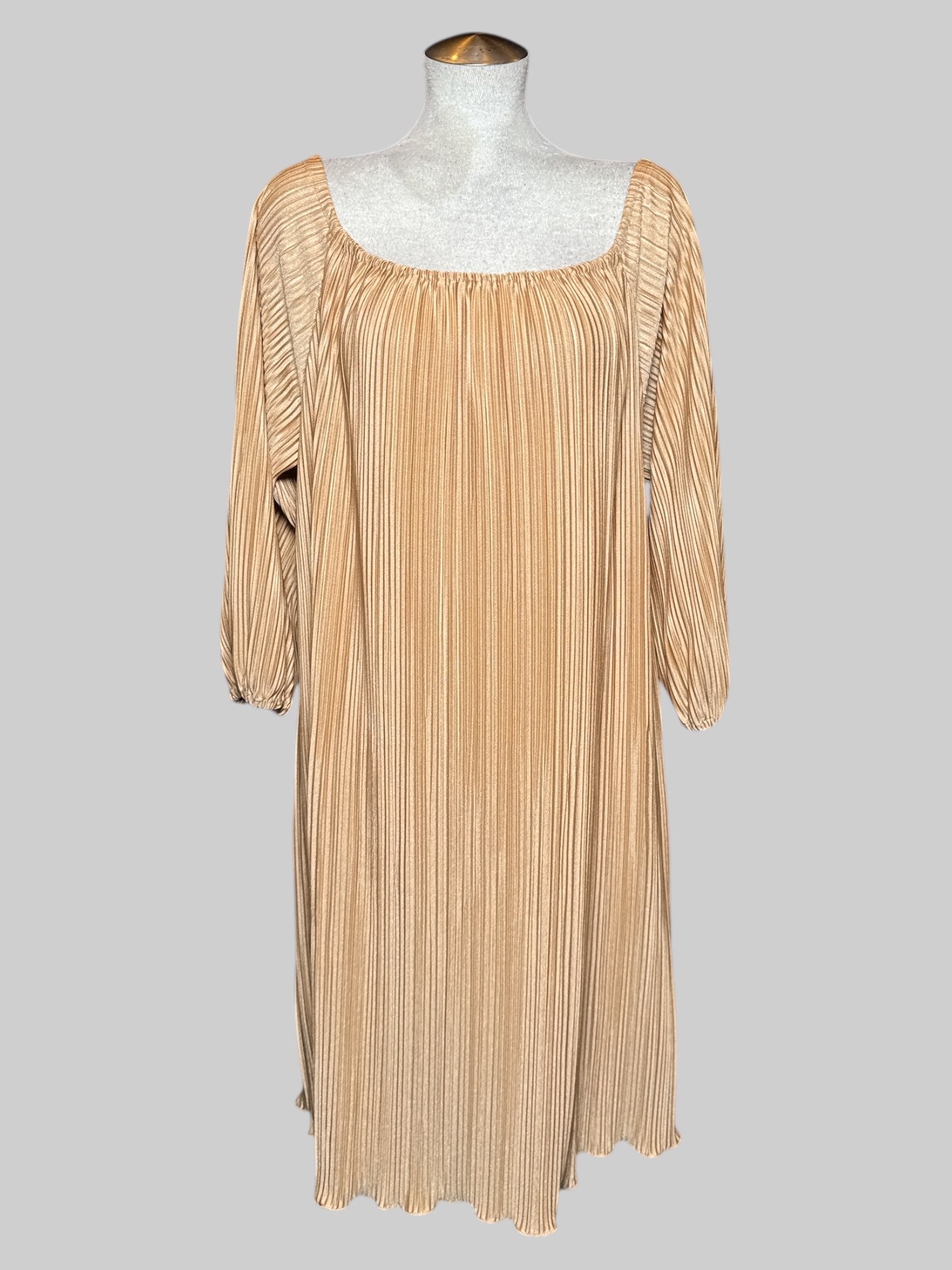 3X pale yellow ribbed textured dress with balloon sleeves