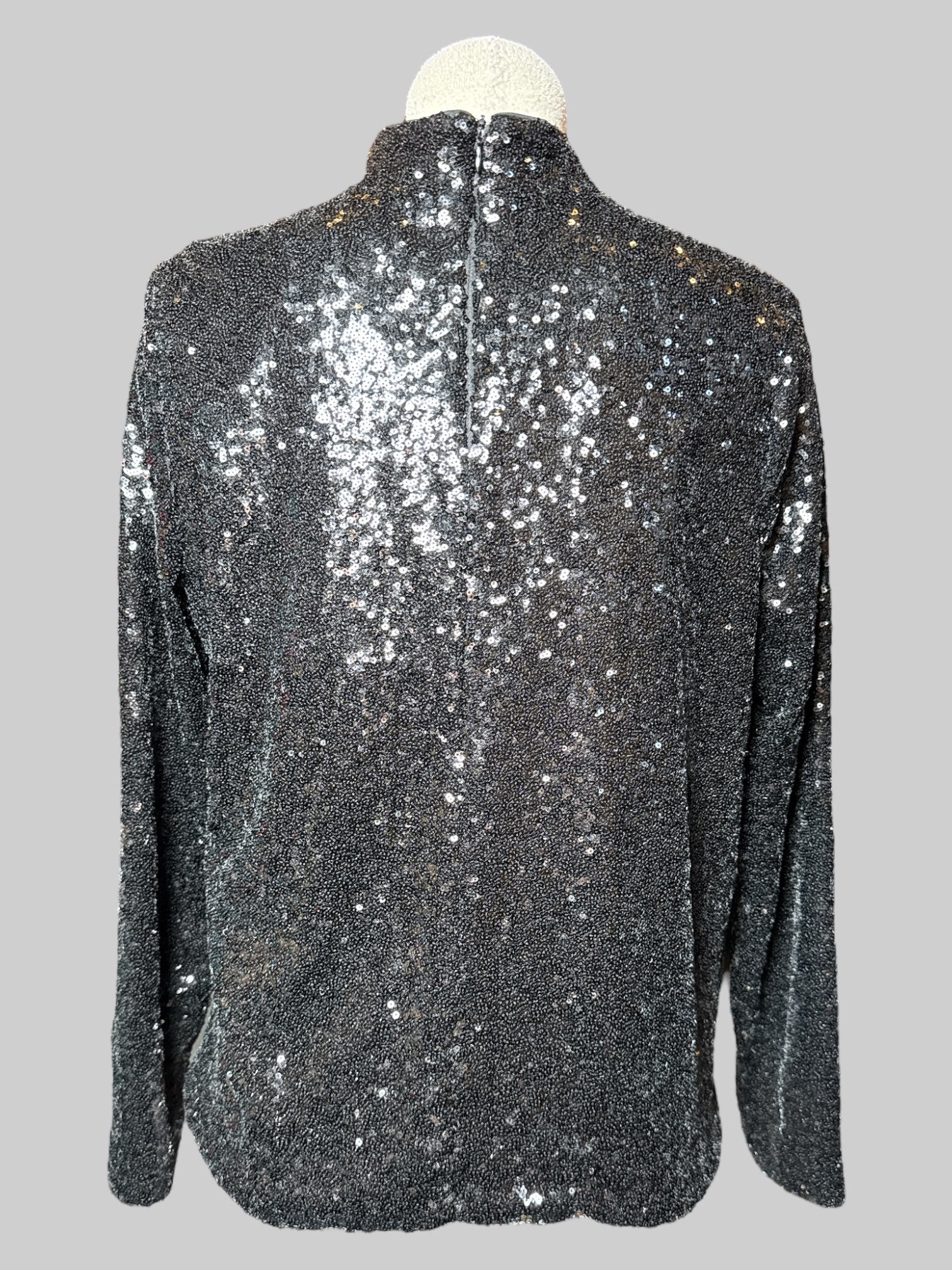 XL Eloquii black long sleeve top with sequins, mock neck, and zipper on back