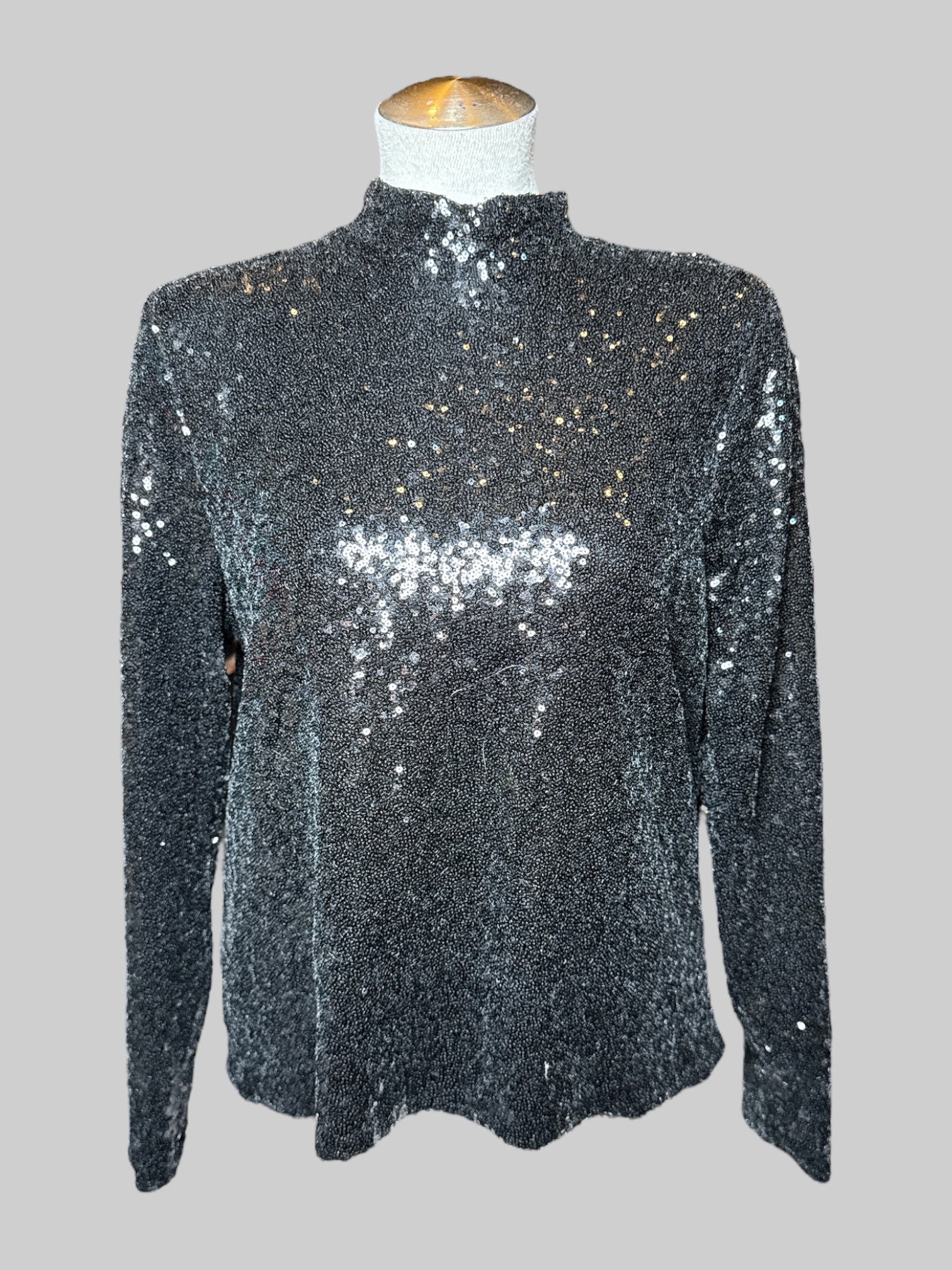 XL Eloquii black long sleeve top with sequins, mock neck, and zipper on back