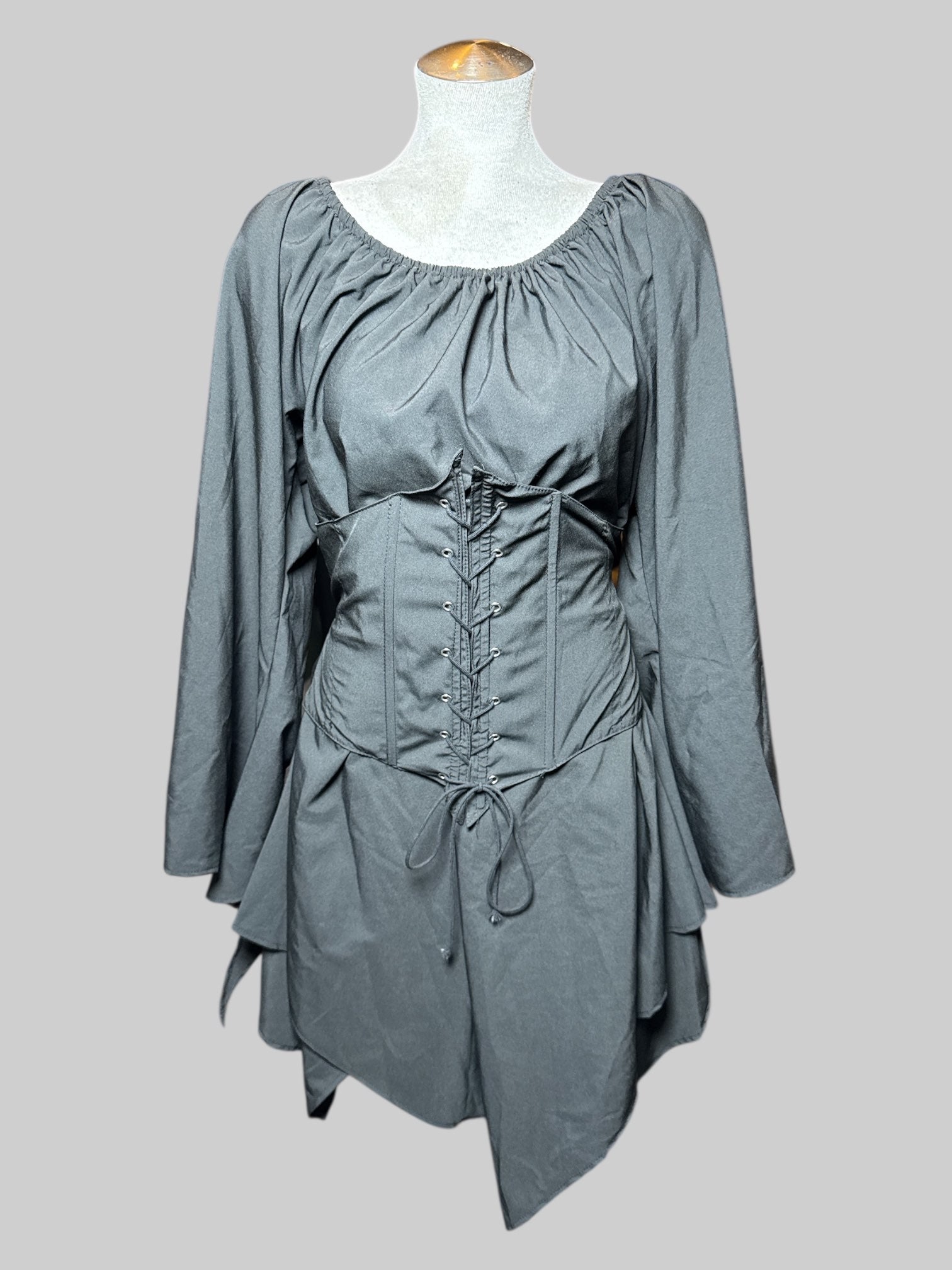 0X black, long floaty sleeve dress with attached front corset, back draw string on waist, and asymmetrical hem