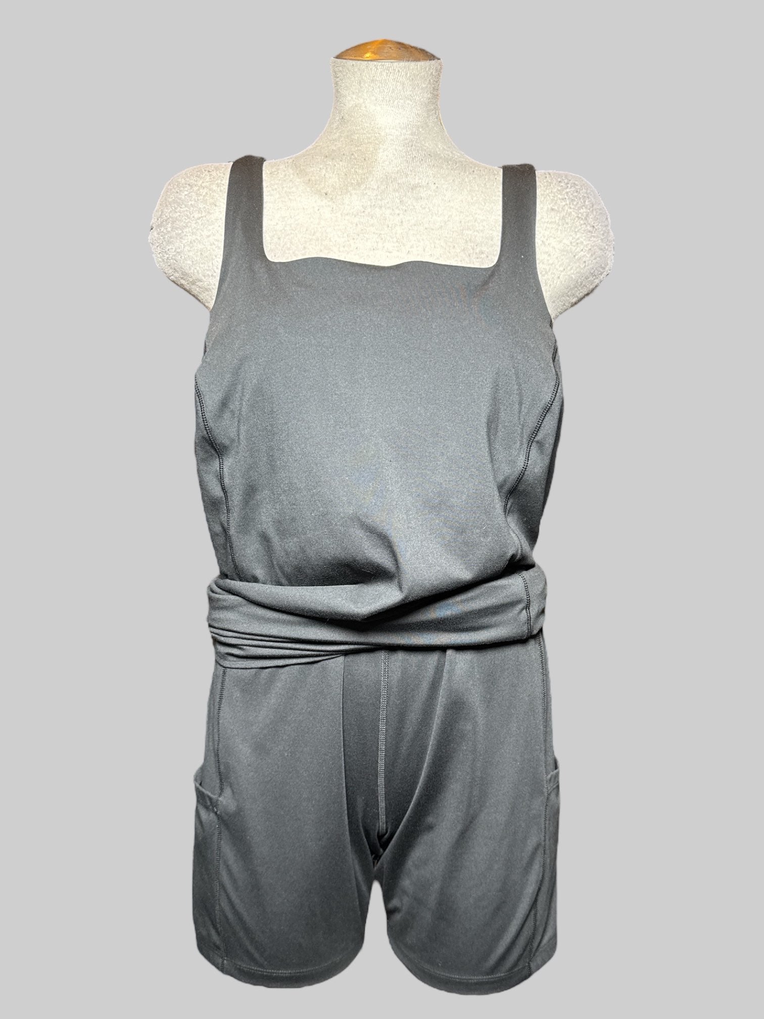 1X All in Motion black sleeveless romper dress with pockets on shorts