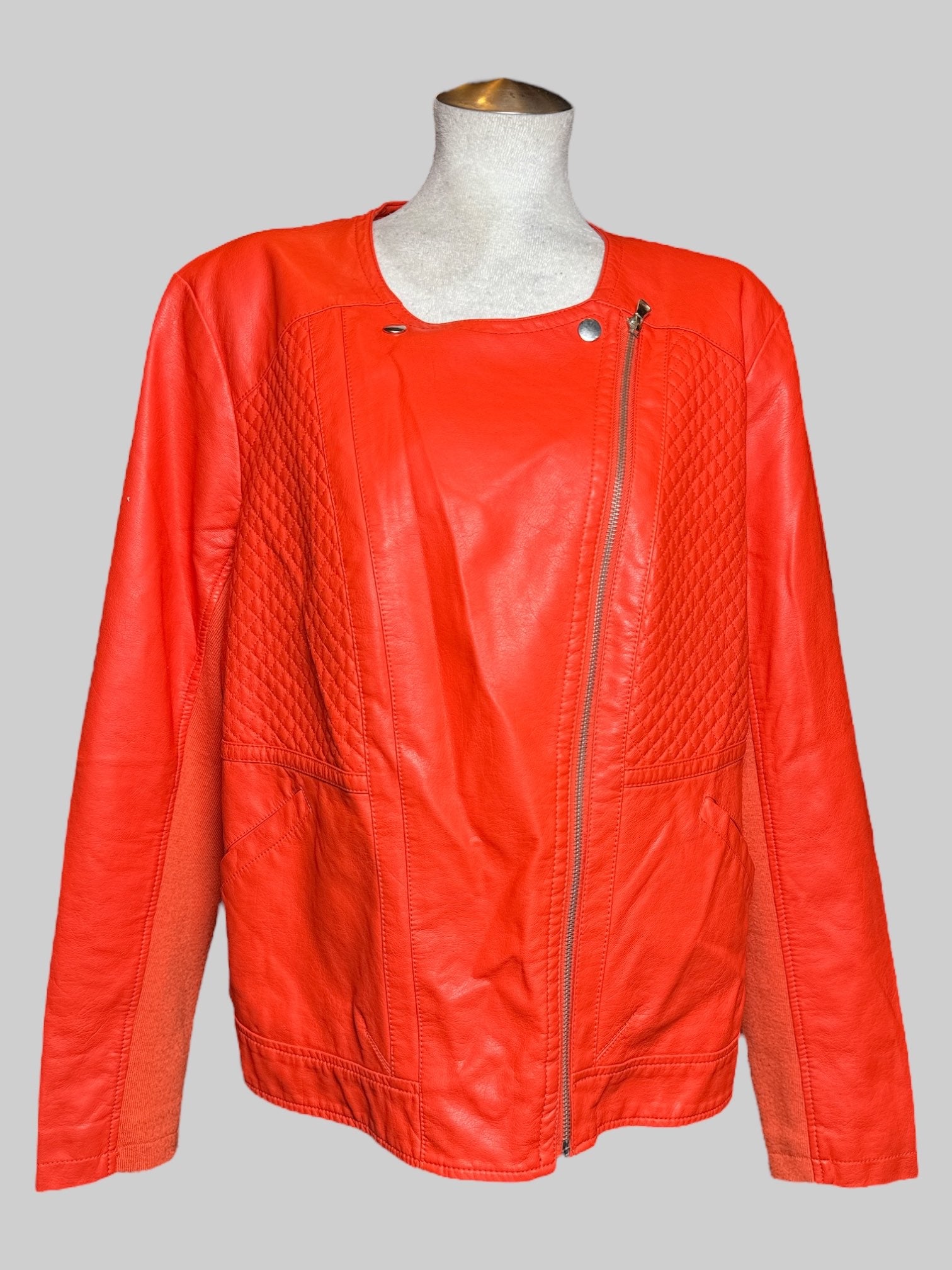 1X Lane Bryant orange, leather jacket with diagonal zip, and pockets