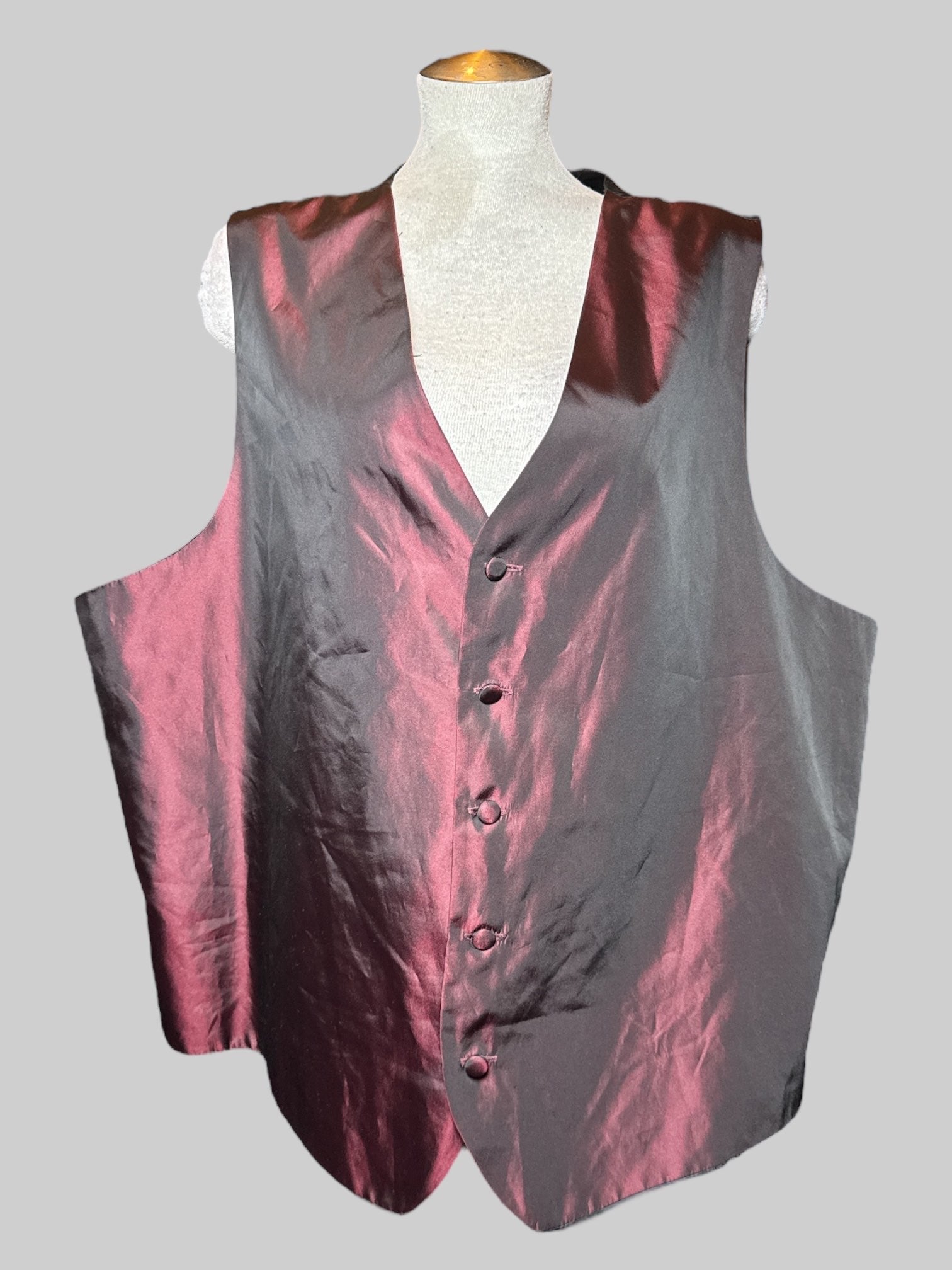 3X Black vest with red to black shifting fabric on front, and buttons