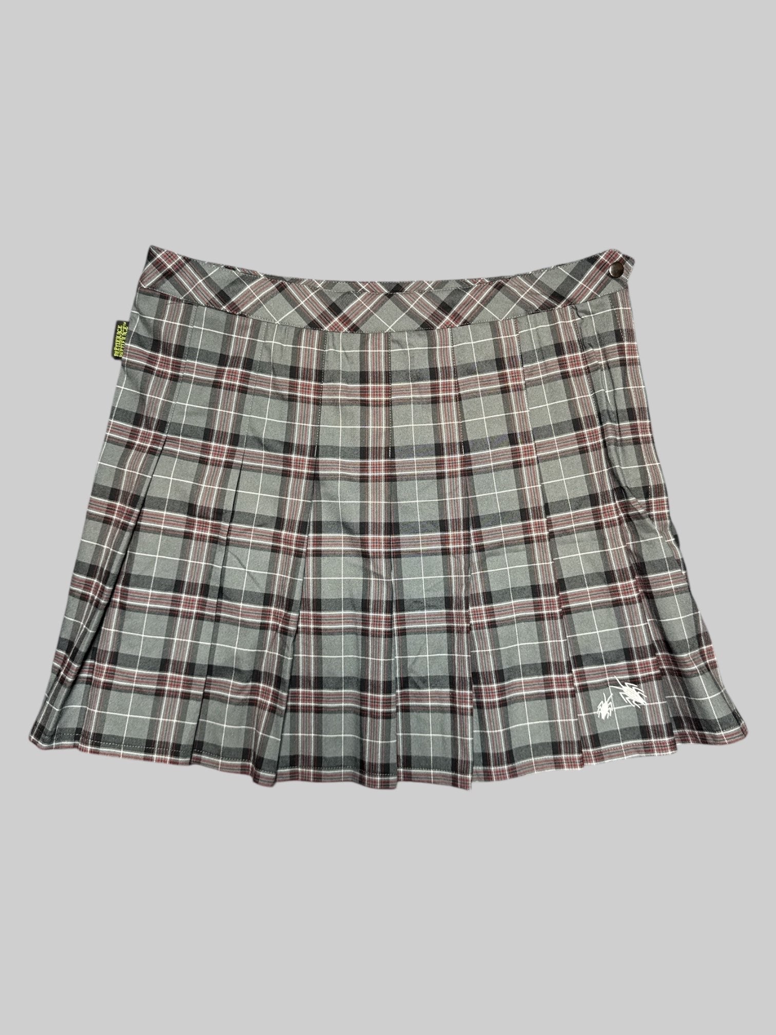XL Beetlejuice gray, black, red, and white plaid skirt with bug embroidery and pleating