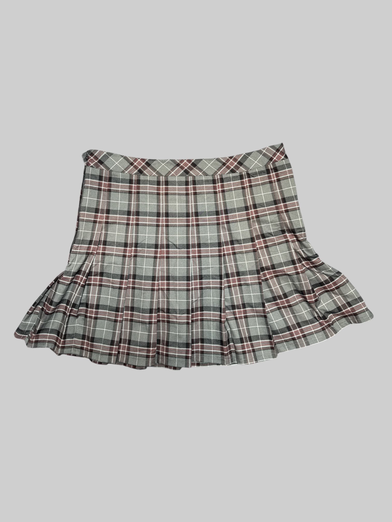 XL Beetlejuice gray, black, red, and white plaid skirt with bug embroidery and pleating