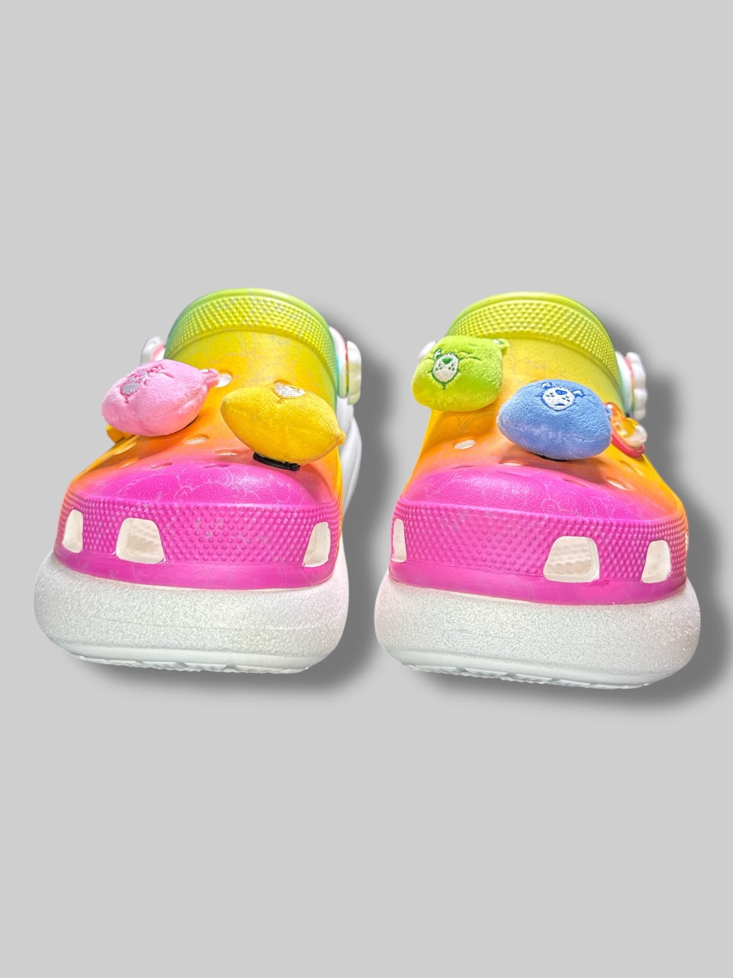 Care Bears x Crocs Men’s 10 or Women’s 12 white and rainbow crocs with sparkly platform and Care Bears jibits