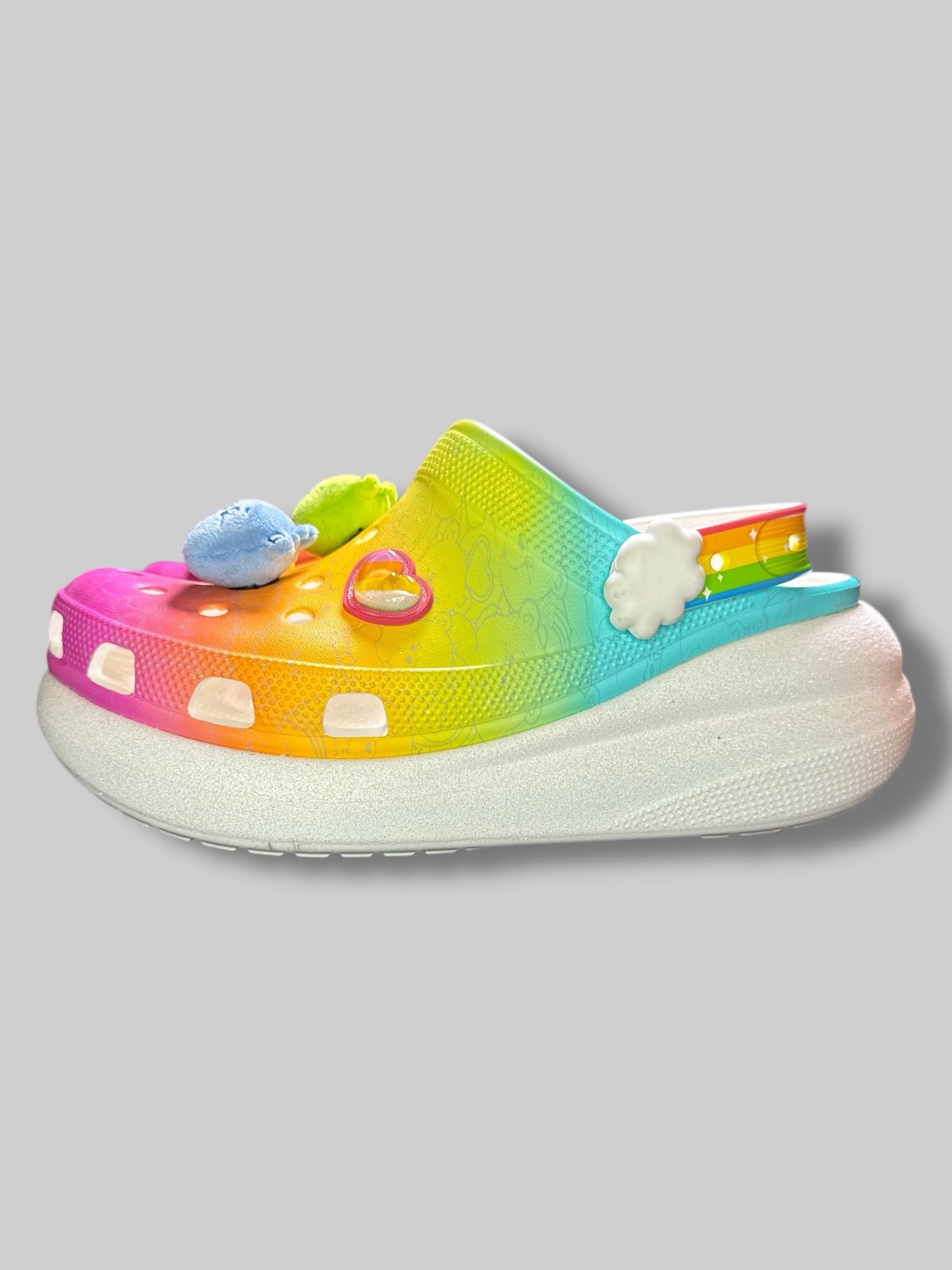 Care Bears x Crocs Men’s 10 or Women’s 12 white and rainbow crocs with sparkly platform and Care Bears jibits
