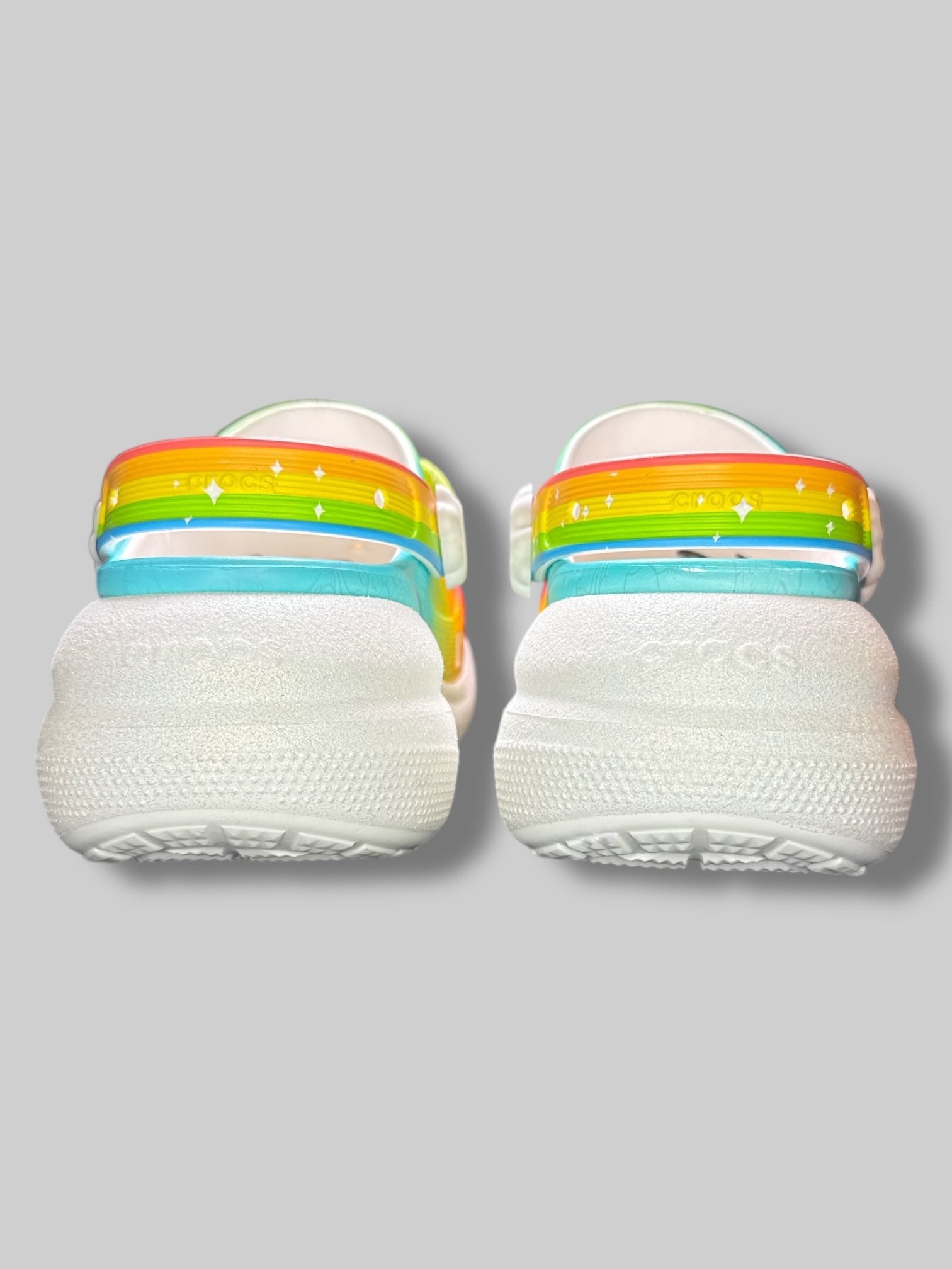 Care Bears x Crocs Men’s 10 or Women’s 12 white and rainbow crocs with sparkly platform and Care Bears jibits