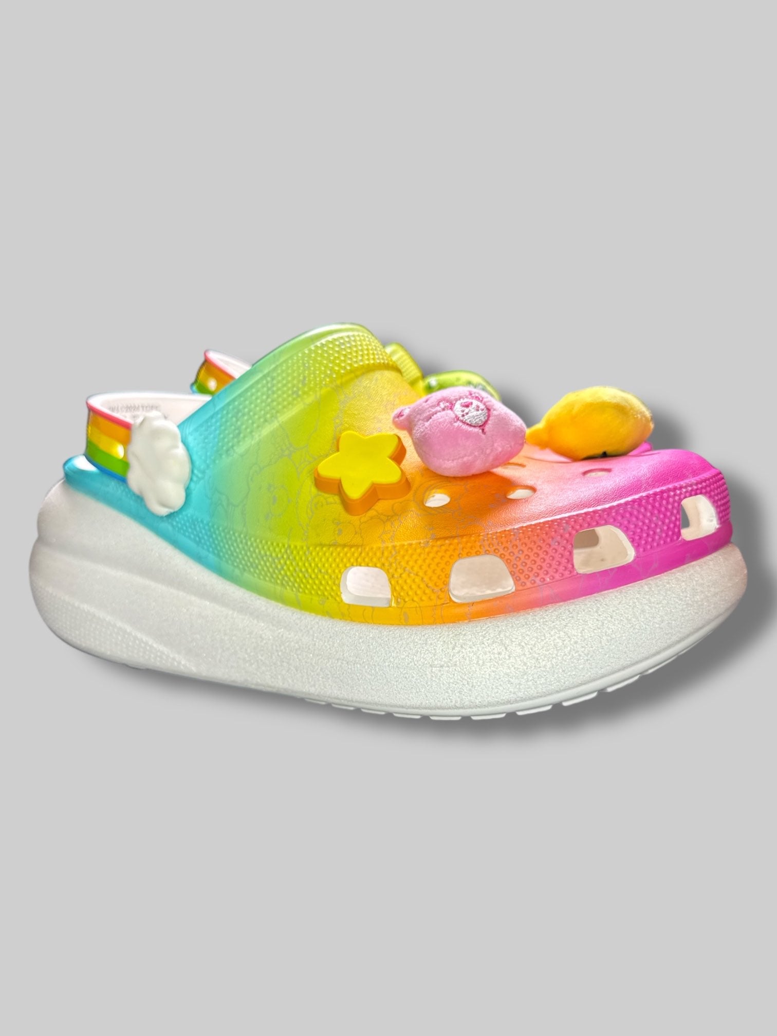 Care Bears x Crocs Men’s 10 or Women’s 12 white and rainbow crocs with sparkly platform and Care Bears jibits