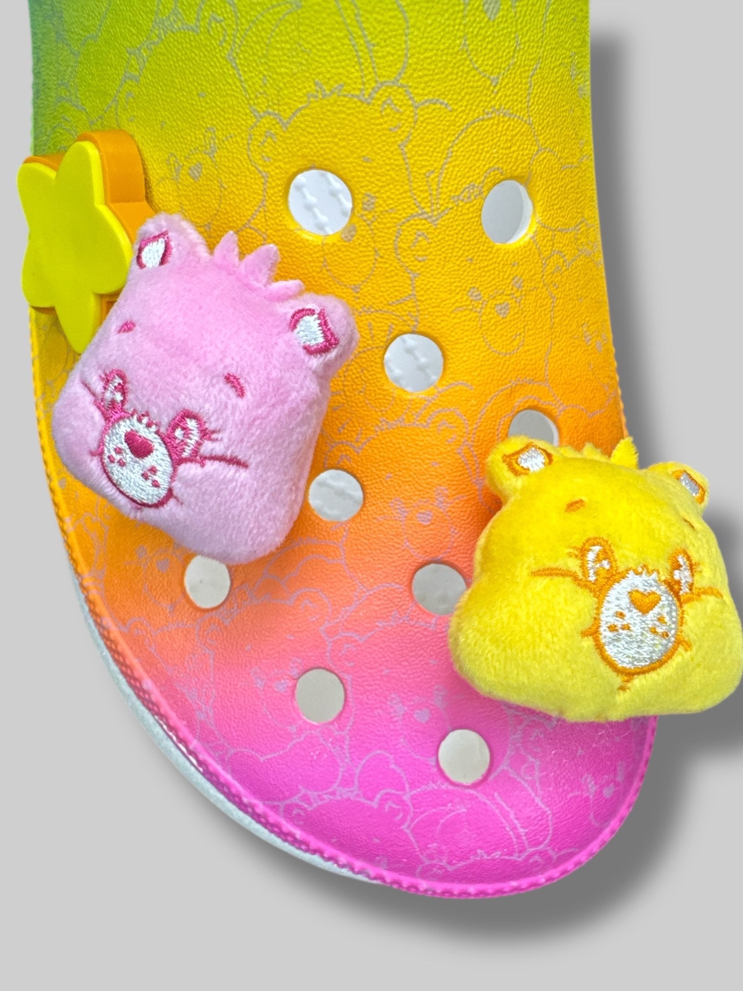 Care Bears x Crocs Men’s 10 or Women’s 12 white and rainbow crocs with sparkly platform and Care Bears jibits