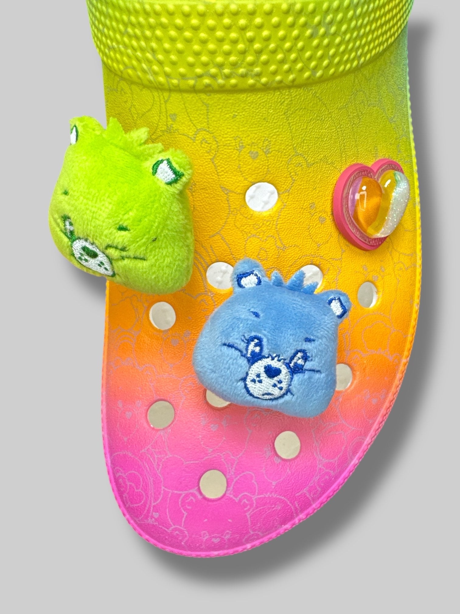 Care Bears x Crocs Men’s 10 or Women’s 12 white and rainbow crocs with sparkly platform and Care Bears jibits