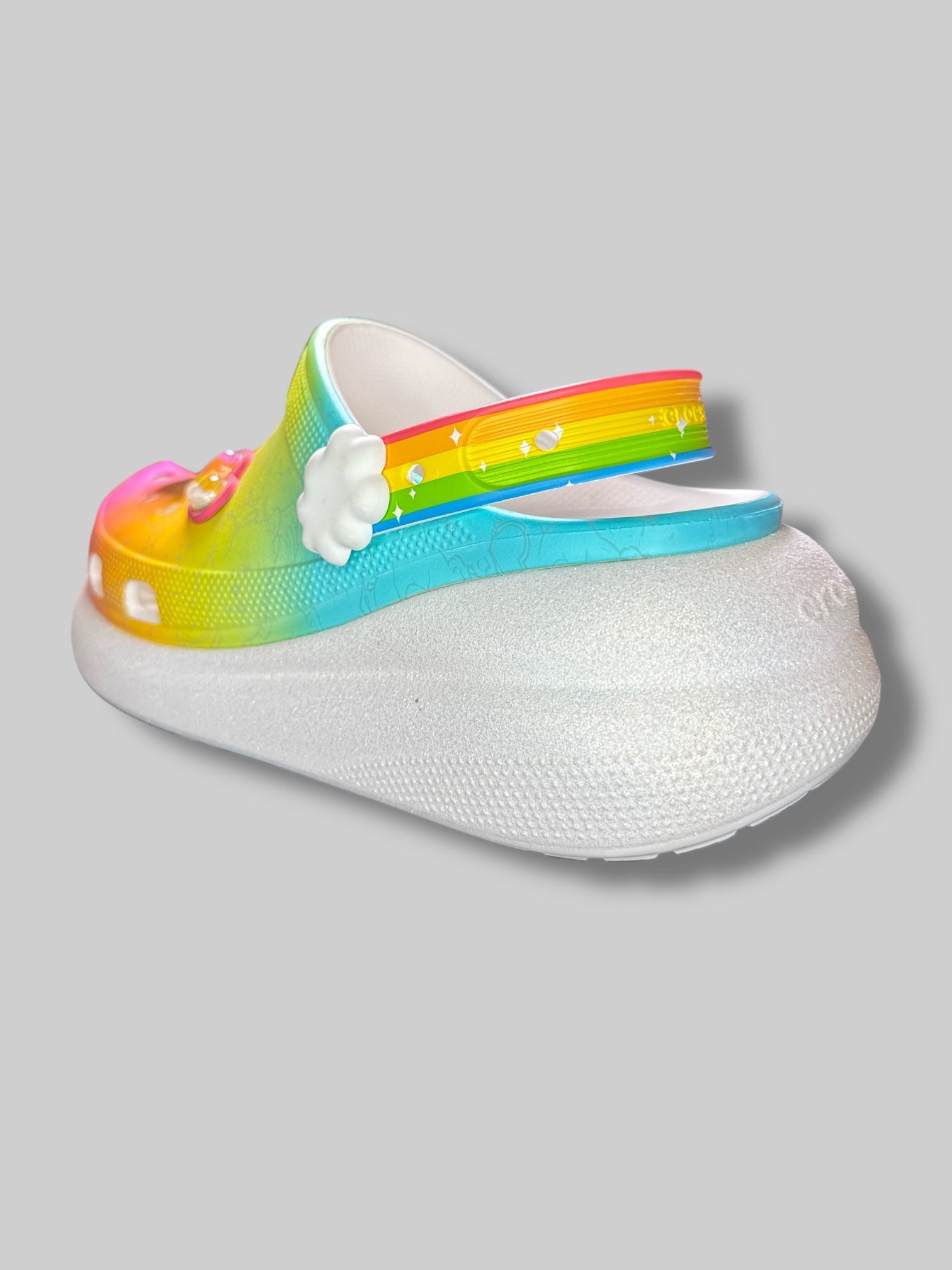 Care Bears x Crocs Men’s 10 or Women’s 12 white and rainbow crocs with sparkly platform and Care Bears jibits