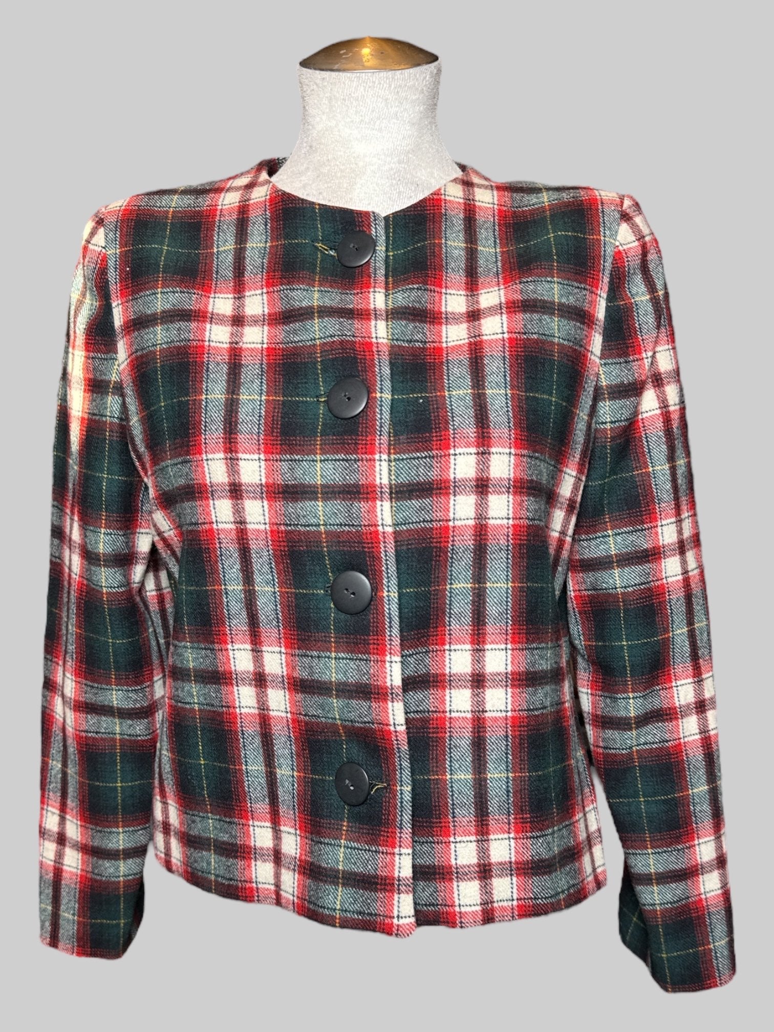 S red, white, yellow, and green plaid button up jacket with shoulder pads