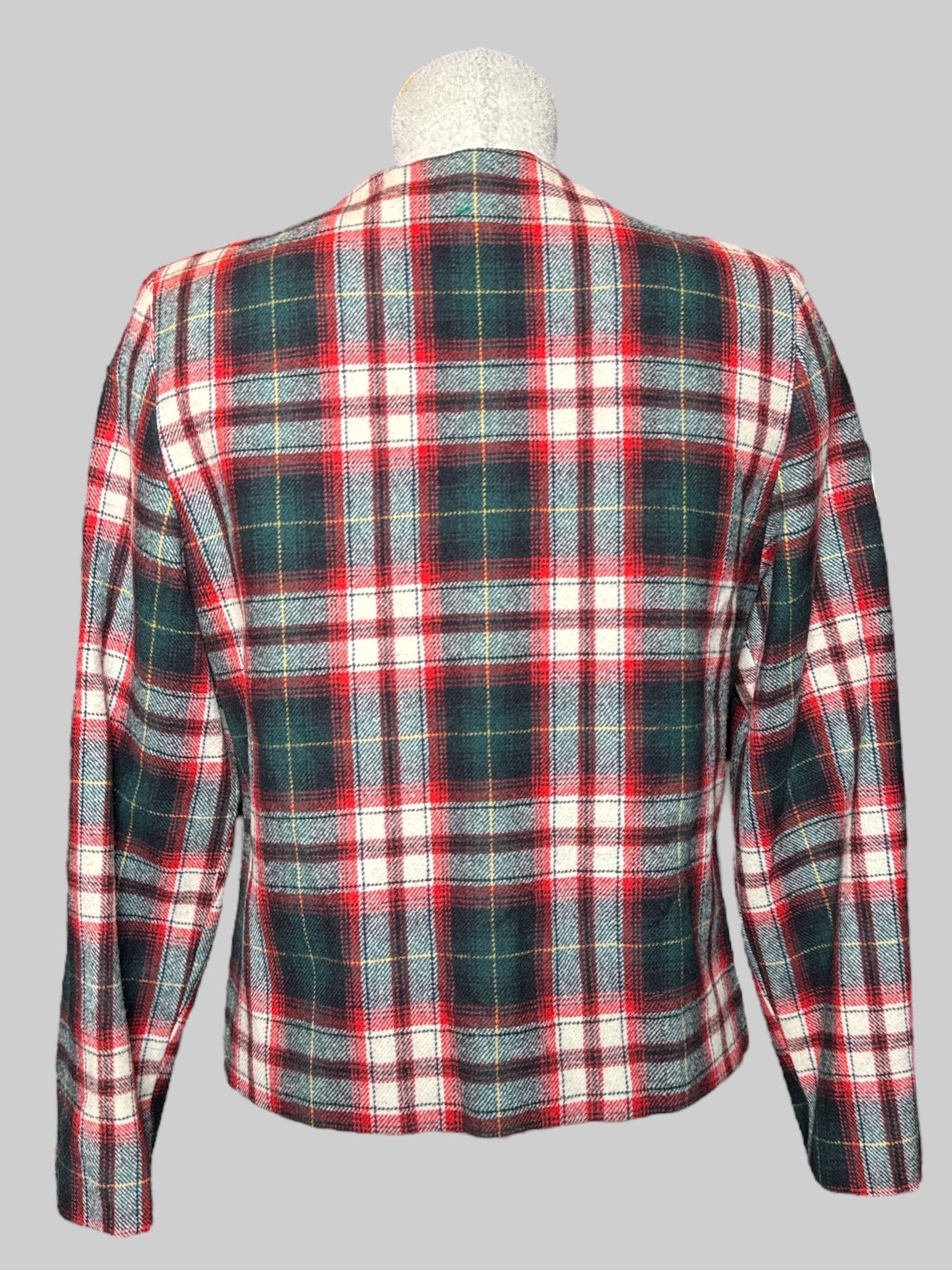 S red, white, yellow, and green plaid button up jacket with shoulder pads