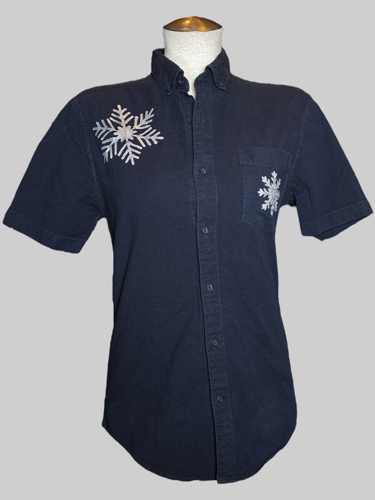 M Topman navy blue button up shirt with hand painted snowflakes