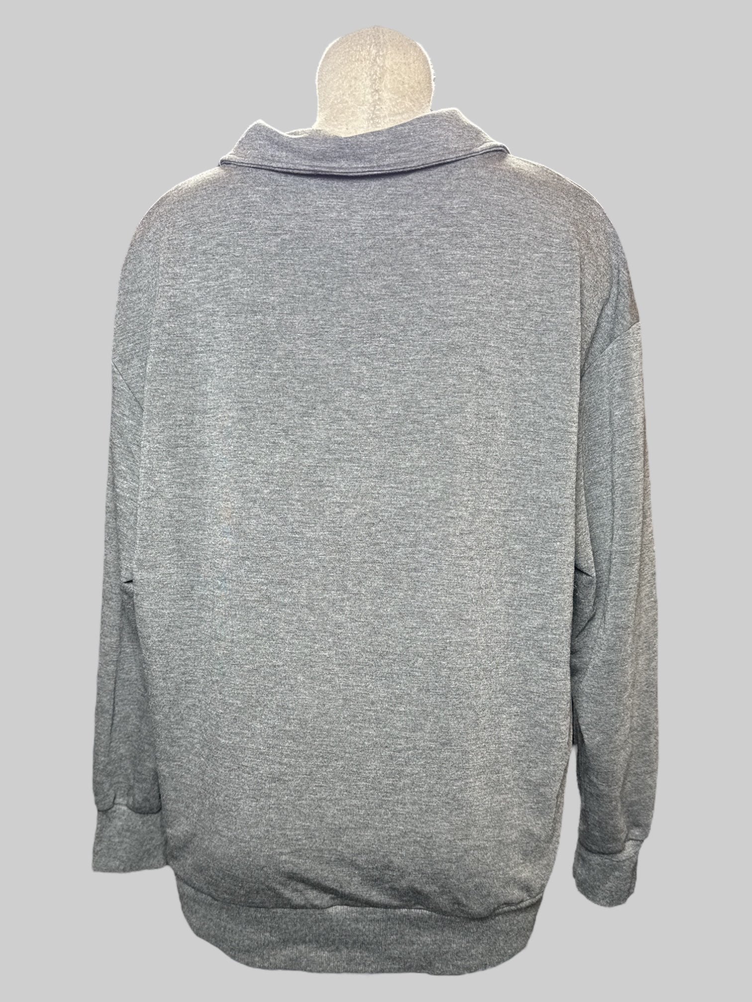 M Heathered gray pullover sweater with white “Lit” and Christmas lights