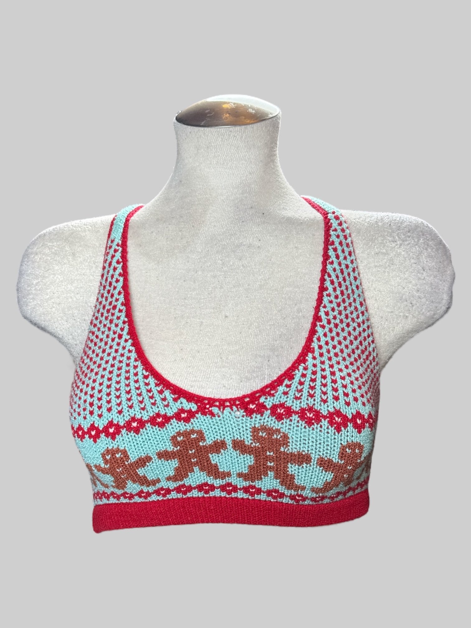 M Knitty Kitty Knitimates blue, red, and brown racer back bra with gingerbread men