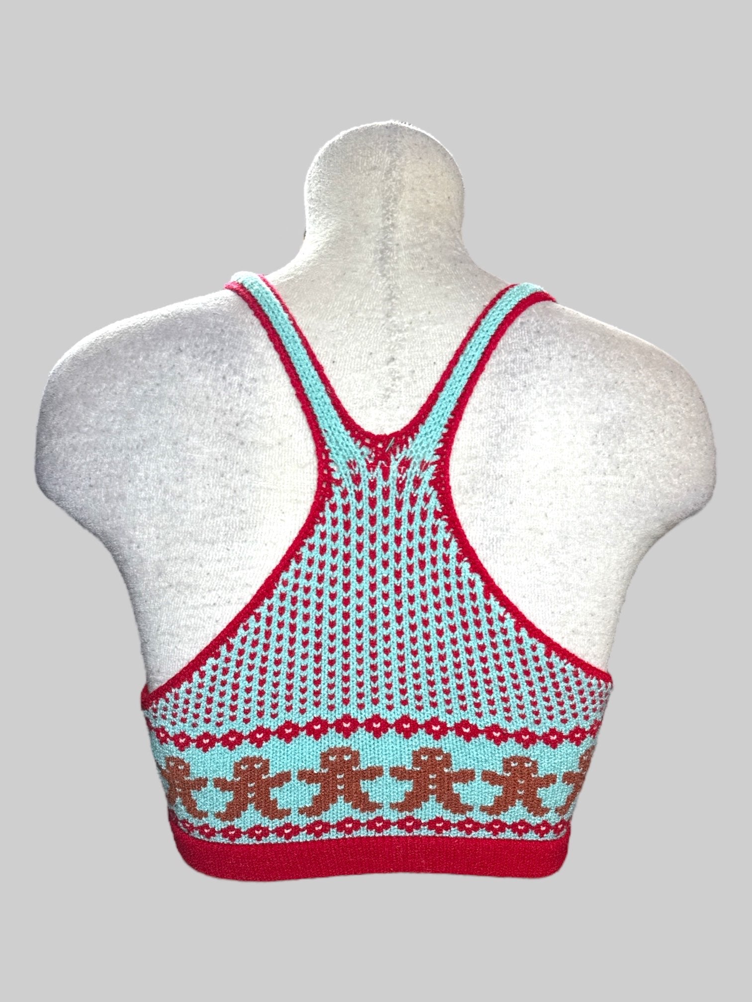 M Knitty Kitty Knitimates blue, red, and brown racer back bra with gingerbread men