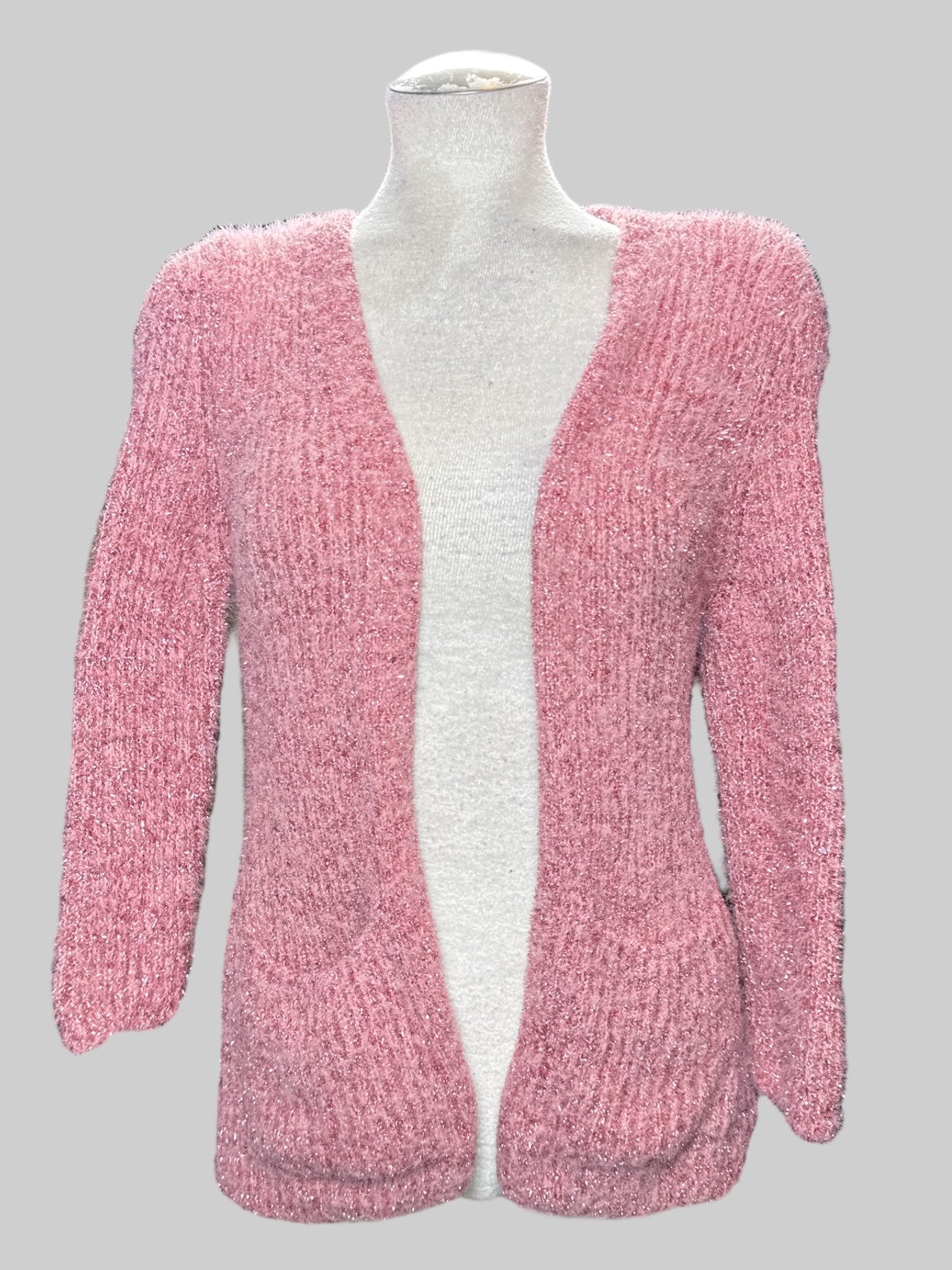 L Zara pink fuzzy metallic cardigan