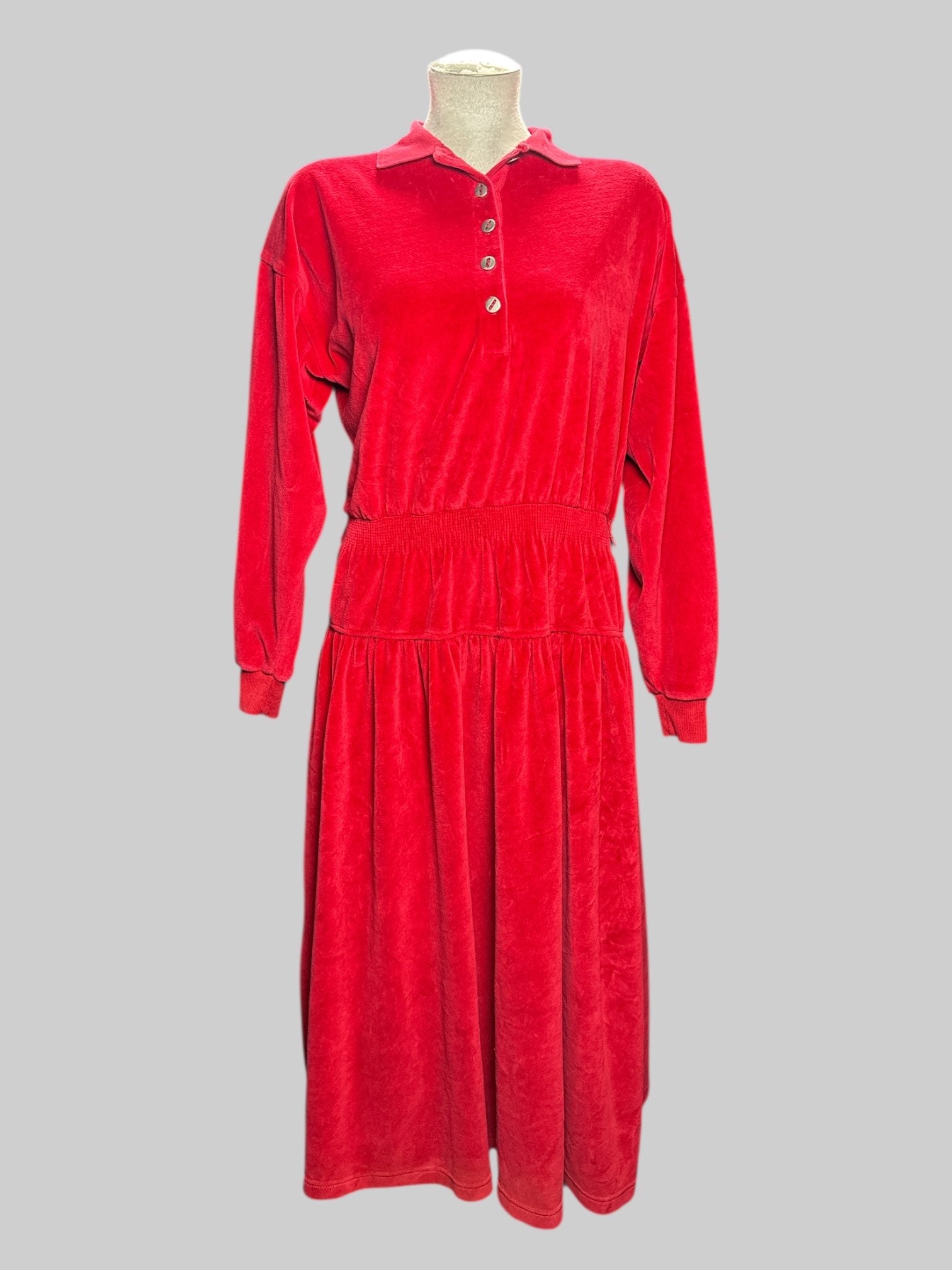 L Liz Claiborne red velvet long sleeve maxi dress with elastic waistband and buttons