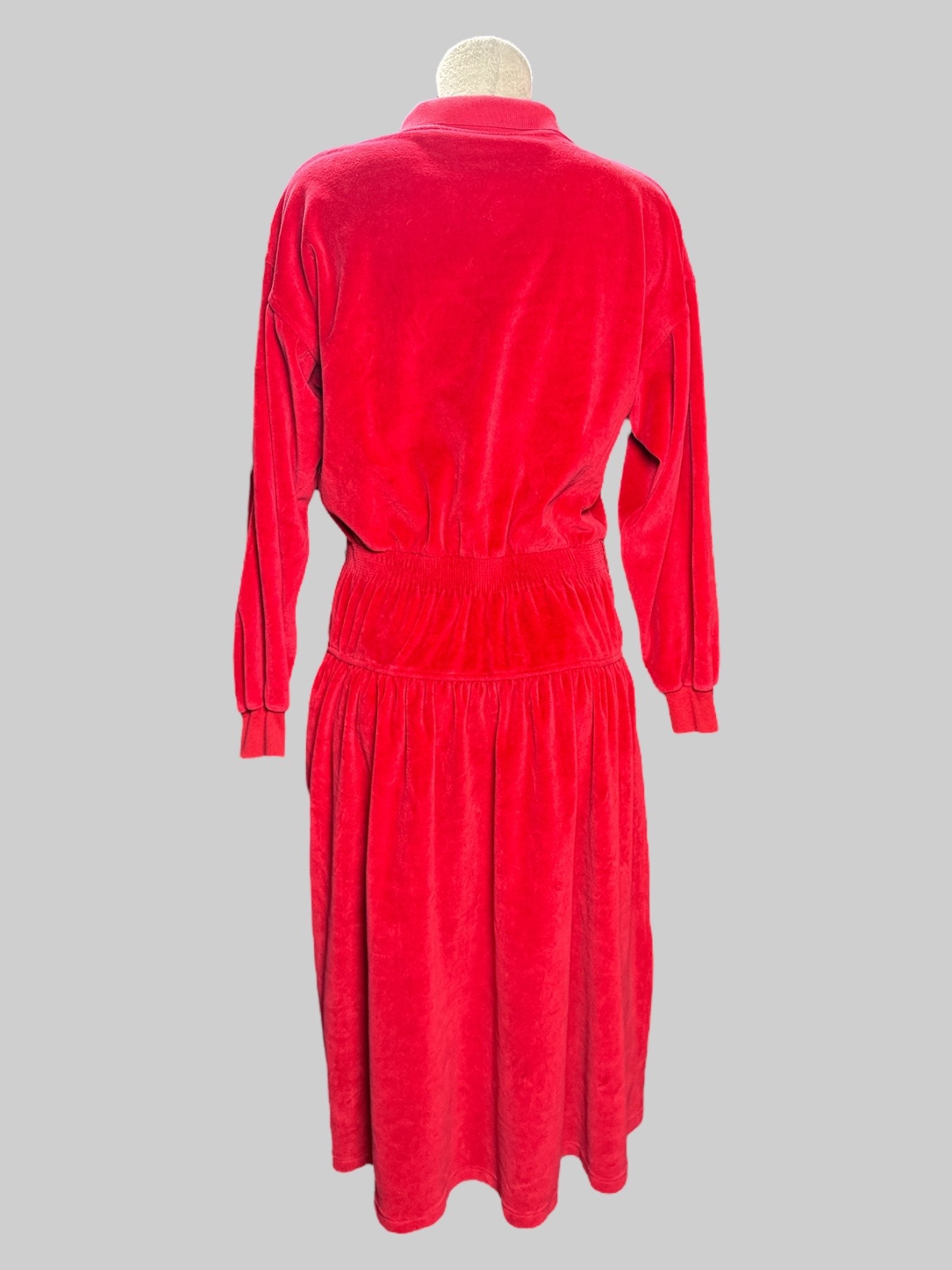 L Liz Claiborne red velvet long sleeve maxi dress with elastic waistband and buttons