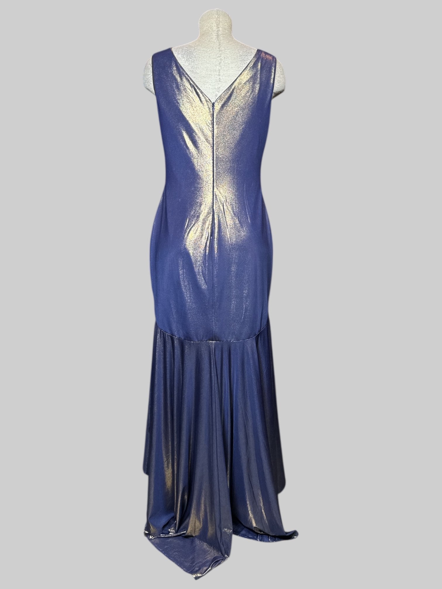 L ever❤️ pretty blue sleeveless gown with gold metallic, high low trim, and back zipper