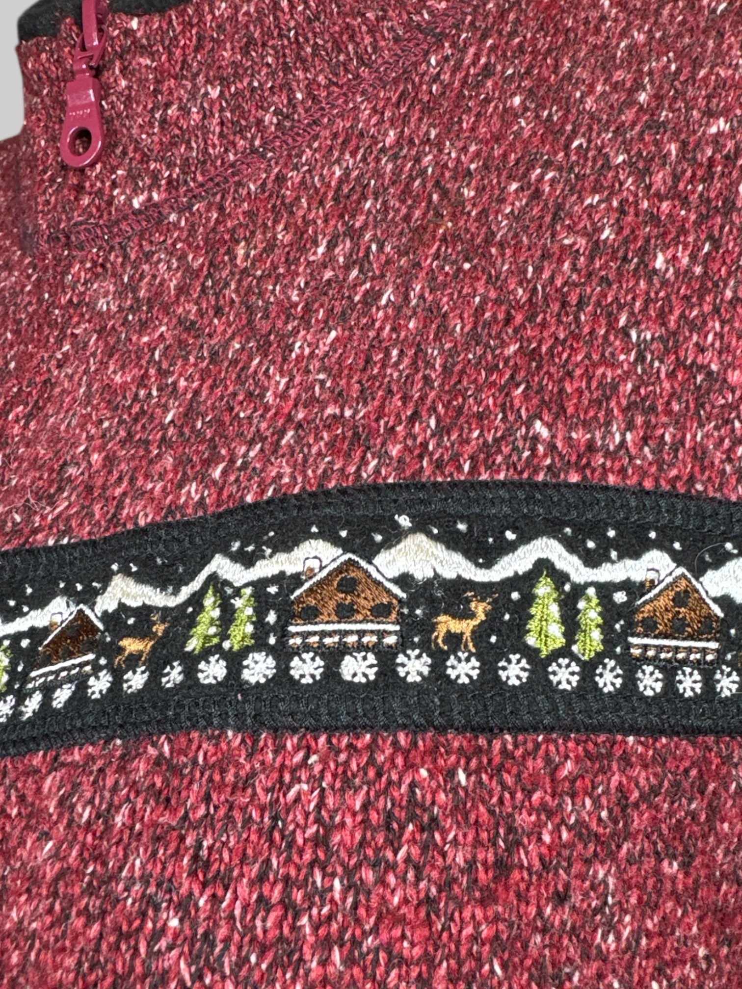 L WoolRich red with black and white knit zip up vest with winter embroidery