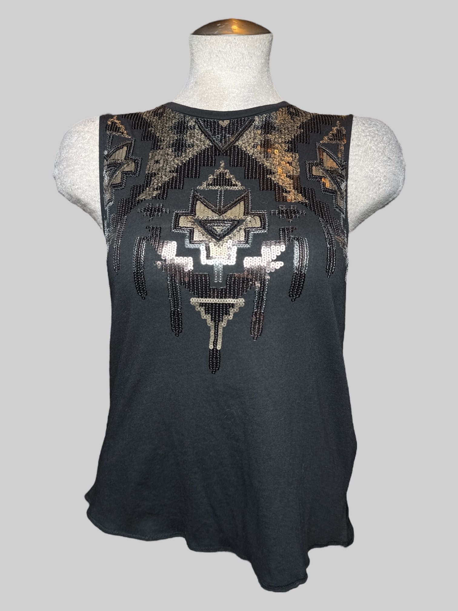 S Express NWT black sleeveless top with sequins in geometric patterns and slits on sides