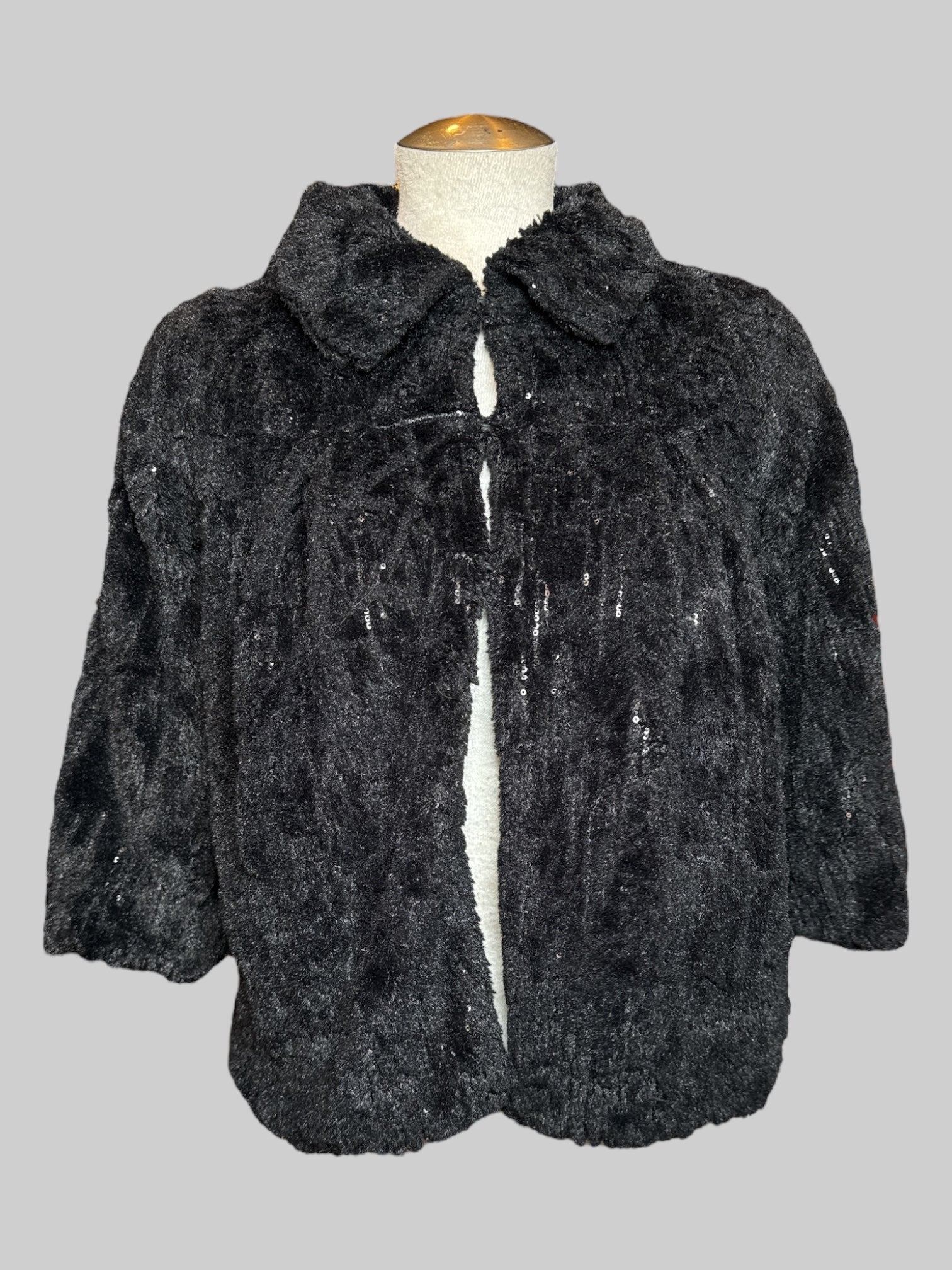 XS Peace of Cake vintage black furry jacket with black sequins and clasps