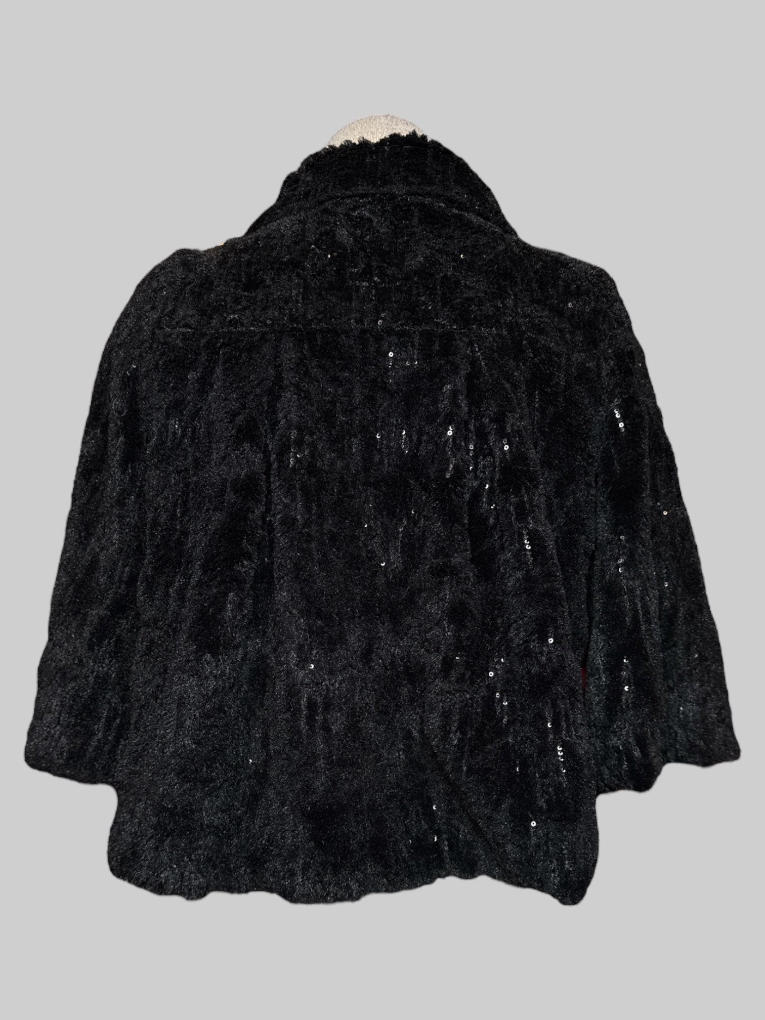 XS Peace of Cake vintage black furry jacket with black sequins and clasps