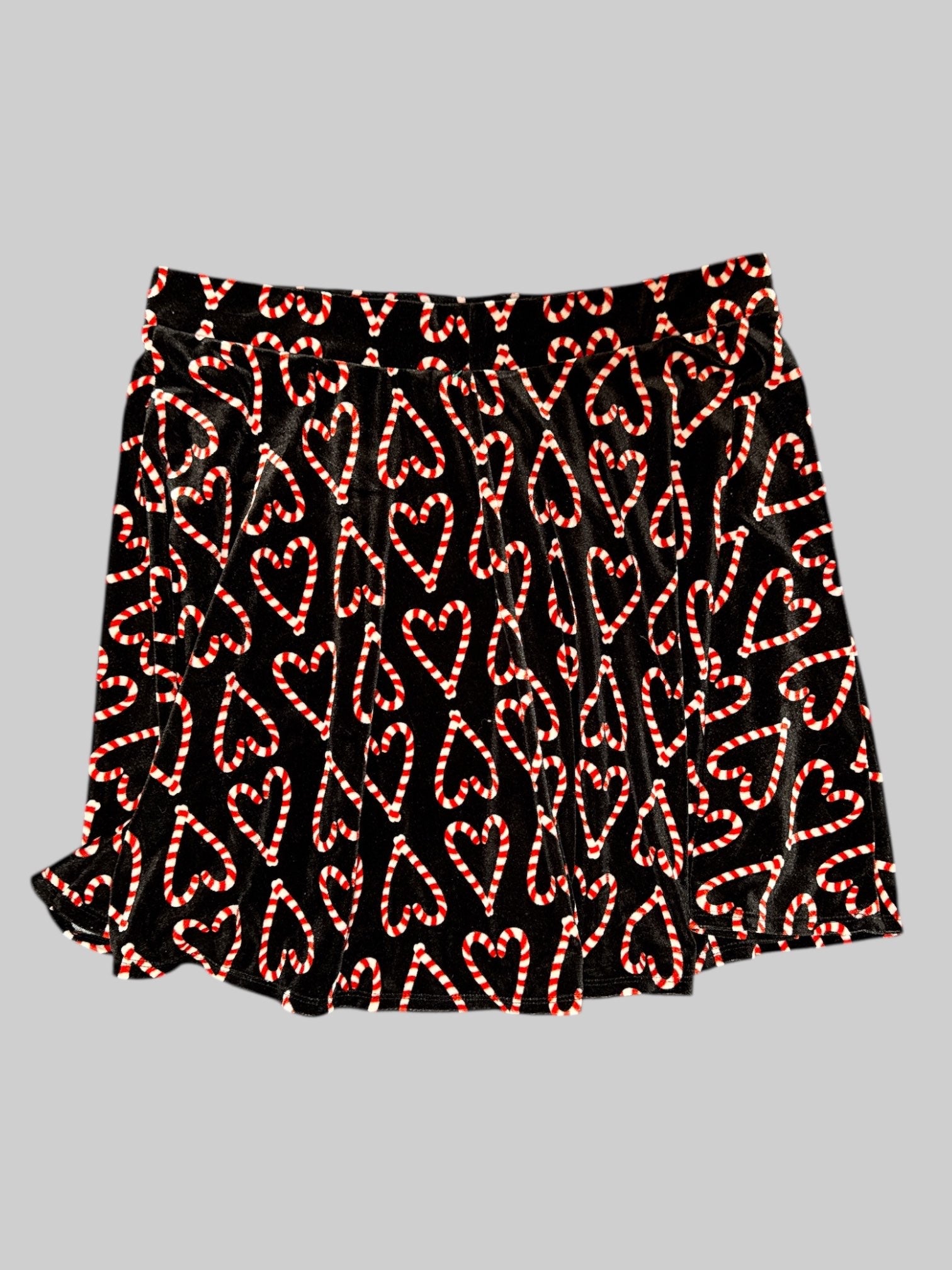 0X Xhilaration black velvet skater skirt with heart candy canes