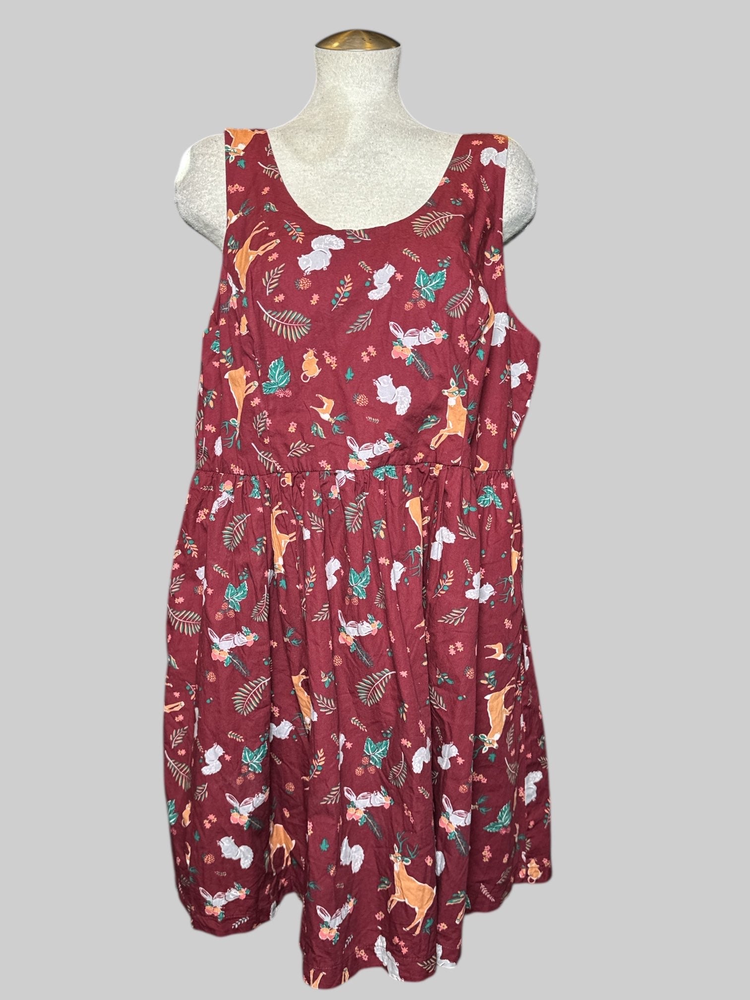 1X ModCloth maroon sleeveless fit and flare dress with deer, squirrels, and botanicals pattern with back zipper