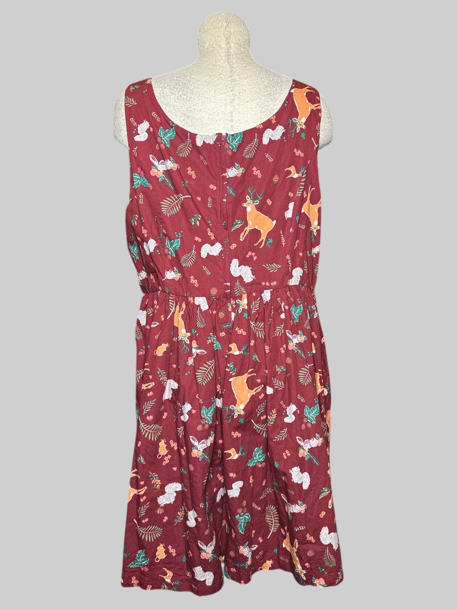 1X ModCloth maroon sleeveless fit and flare dress with deer, squirrels, and botanicals pattern with back zipper