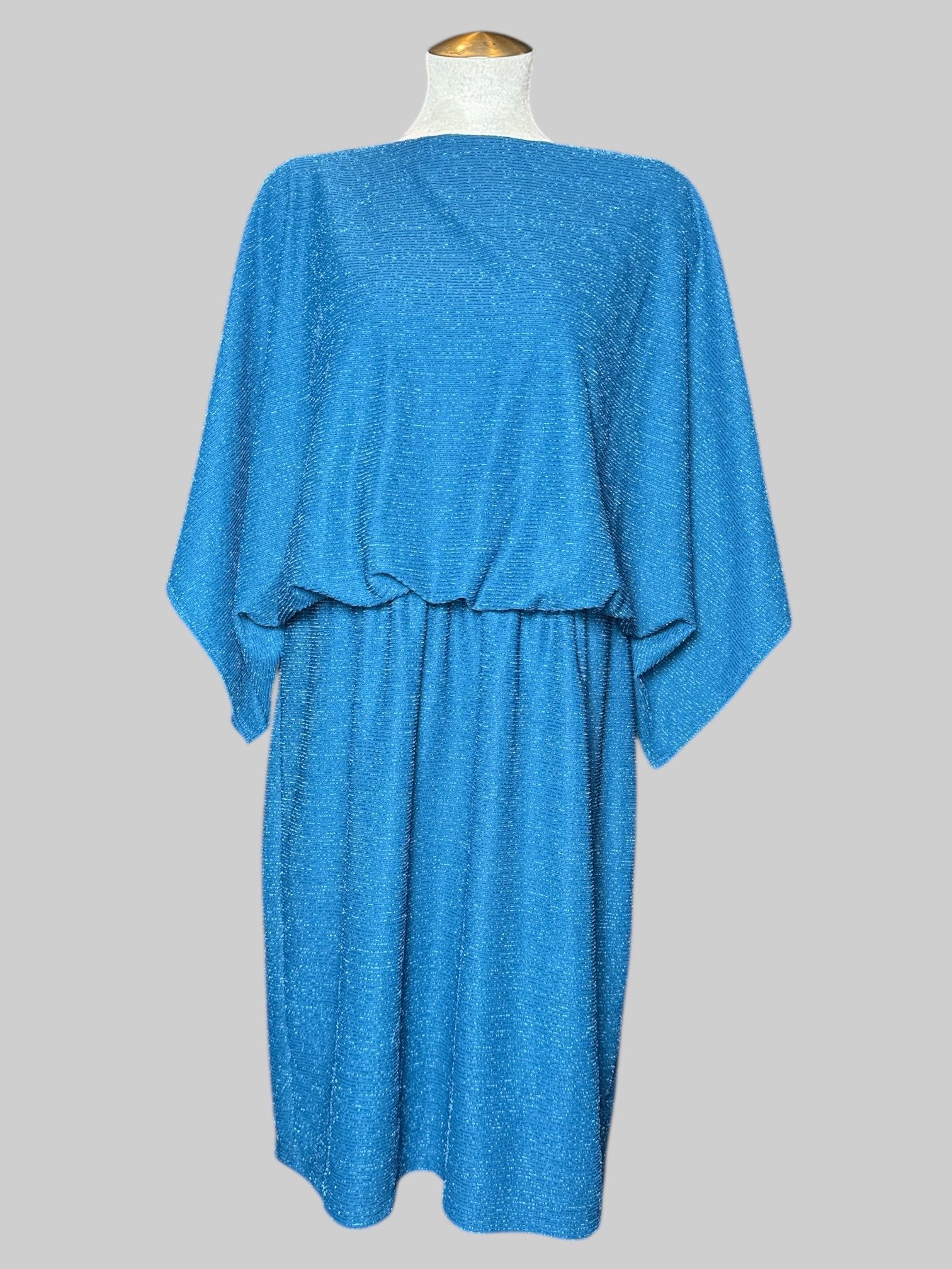 1X NWT vintage Jessica Howard blue dress with elastic waistband, textured metallic stripes, and keyhole back