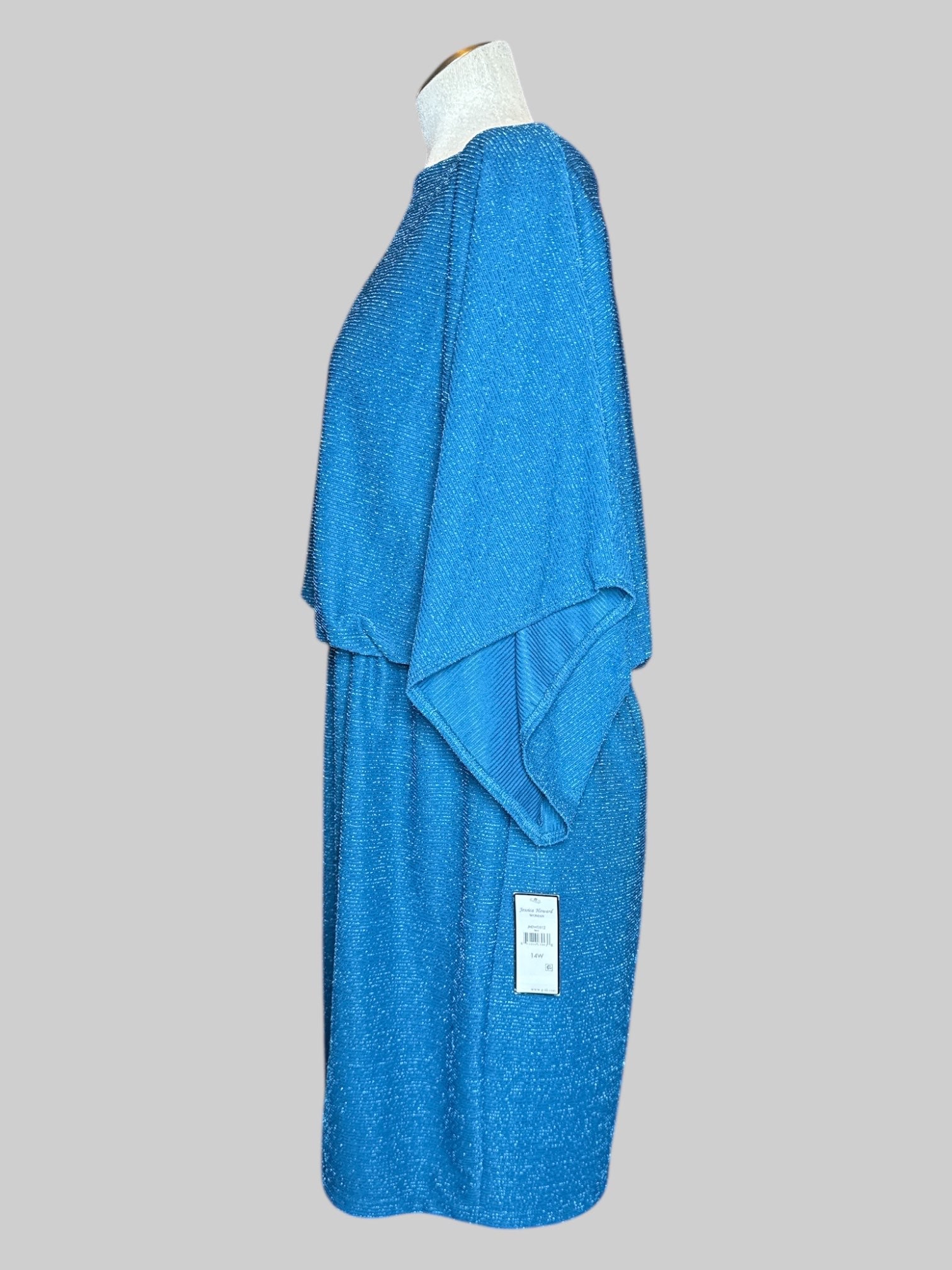 1X NWT vintage Jessica Howard blue dress with elastic waistband, textured metallic stripes, and keyhole back