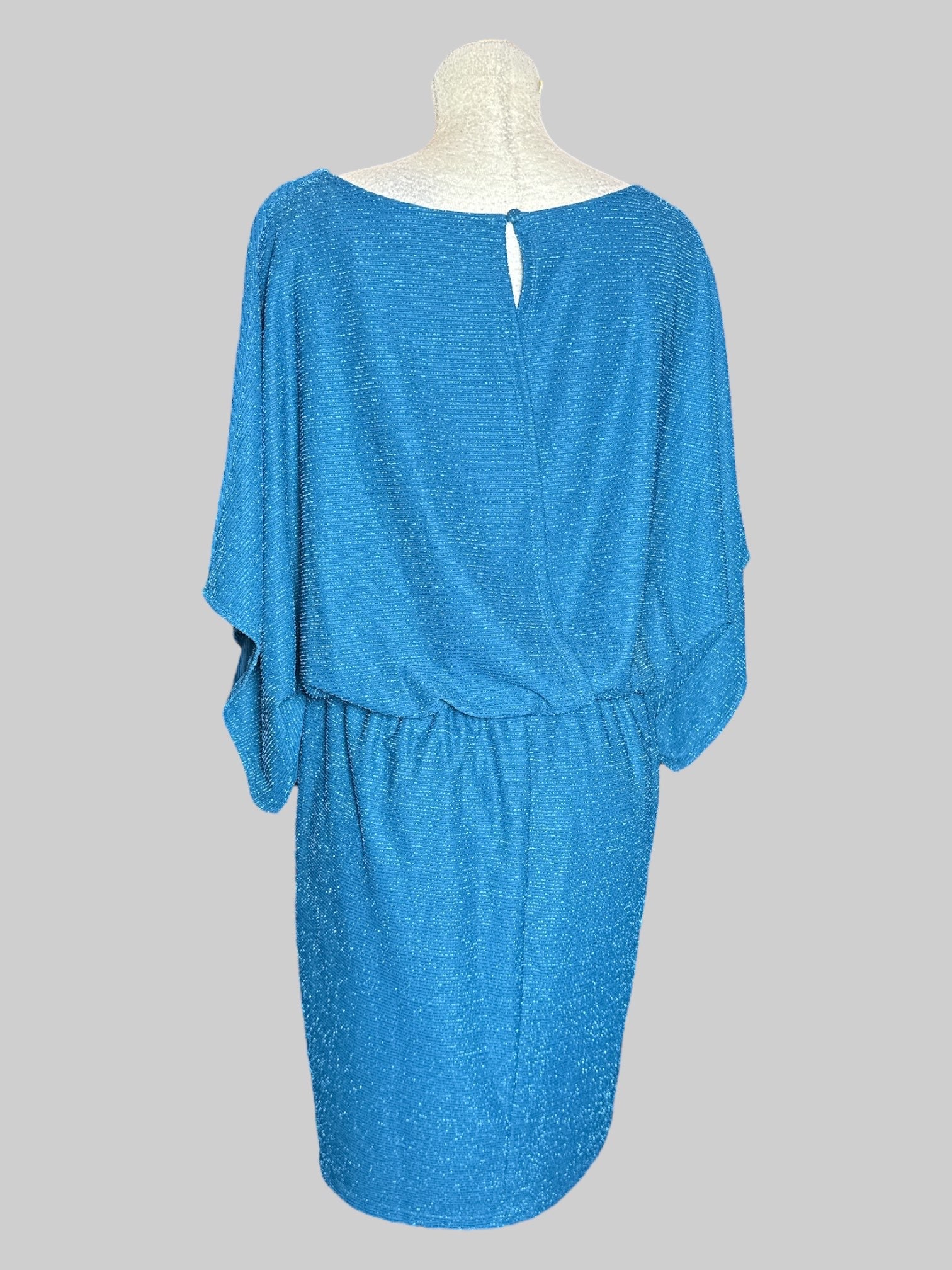 1X NWT vintage Jessica Howard blue dress with elastic waistband, textured metallic stripes, and keyhole back
