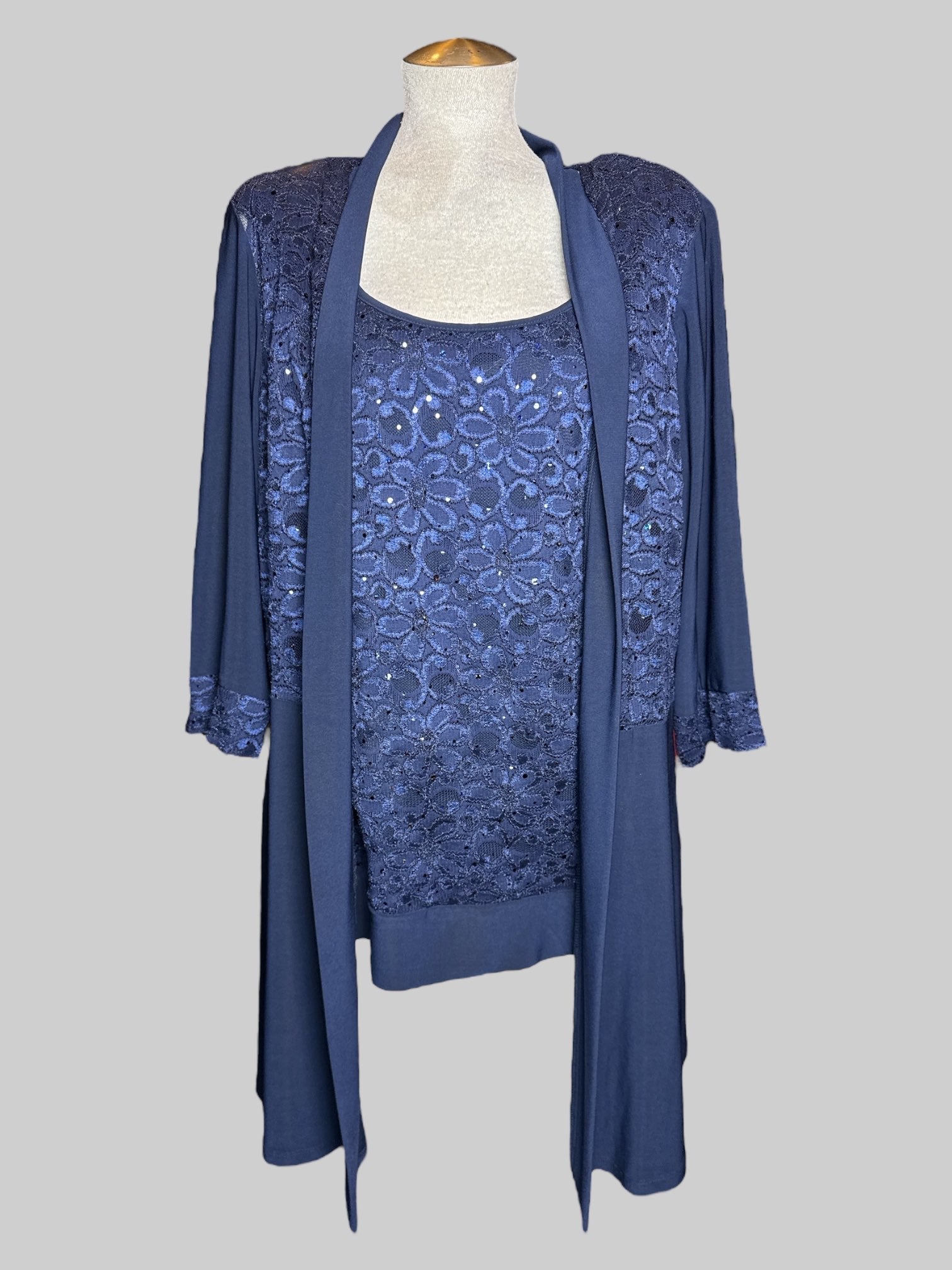 2X R&M Richard’s vintage 2 piece  deep blue attached set with florals and sequins