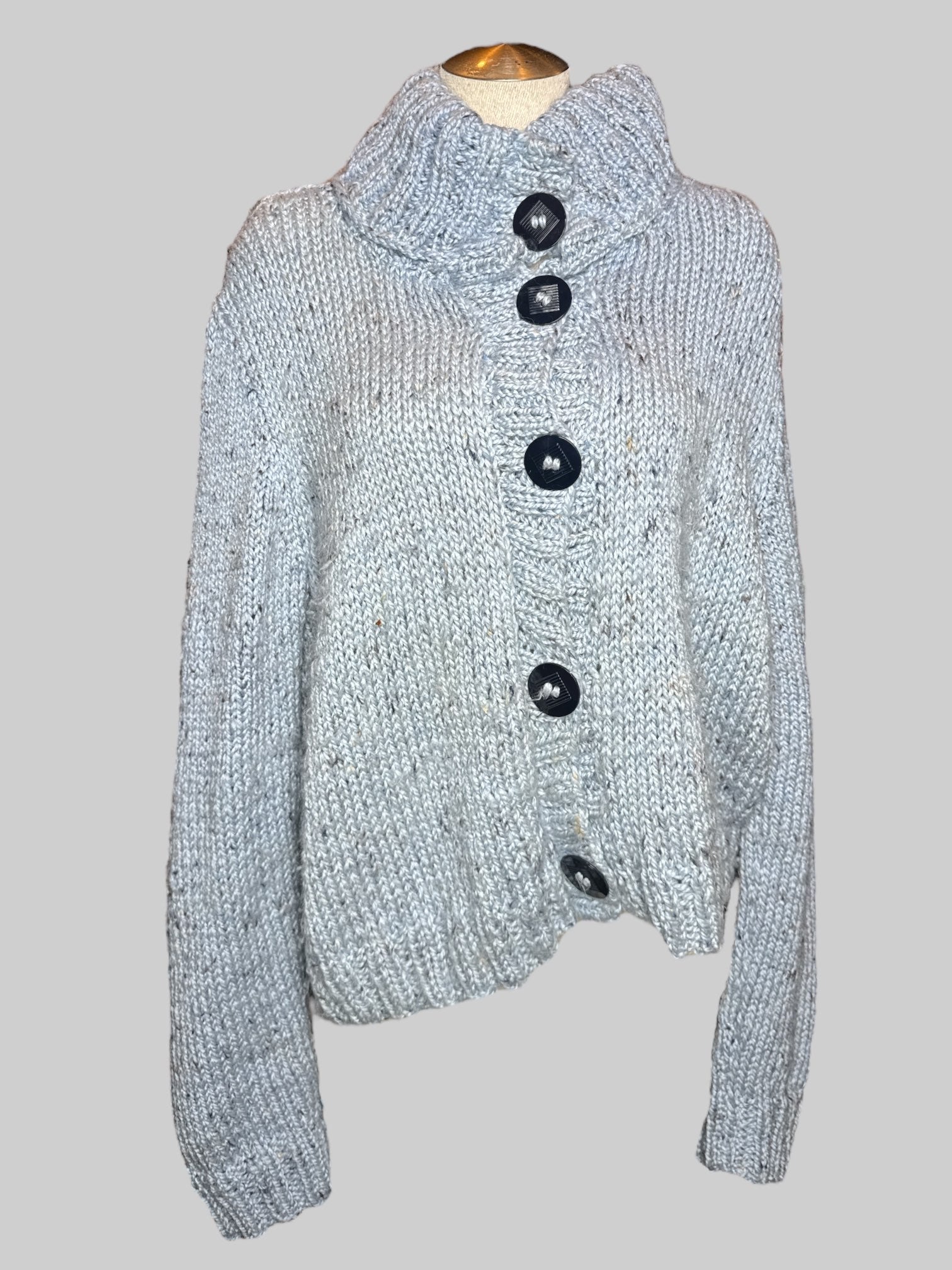 3X handmade blue grey chunky knit sweater with big buttons