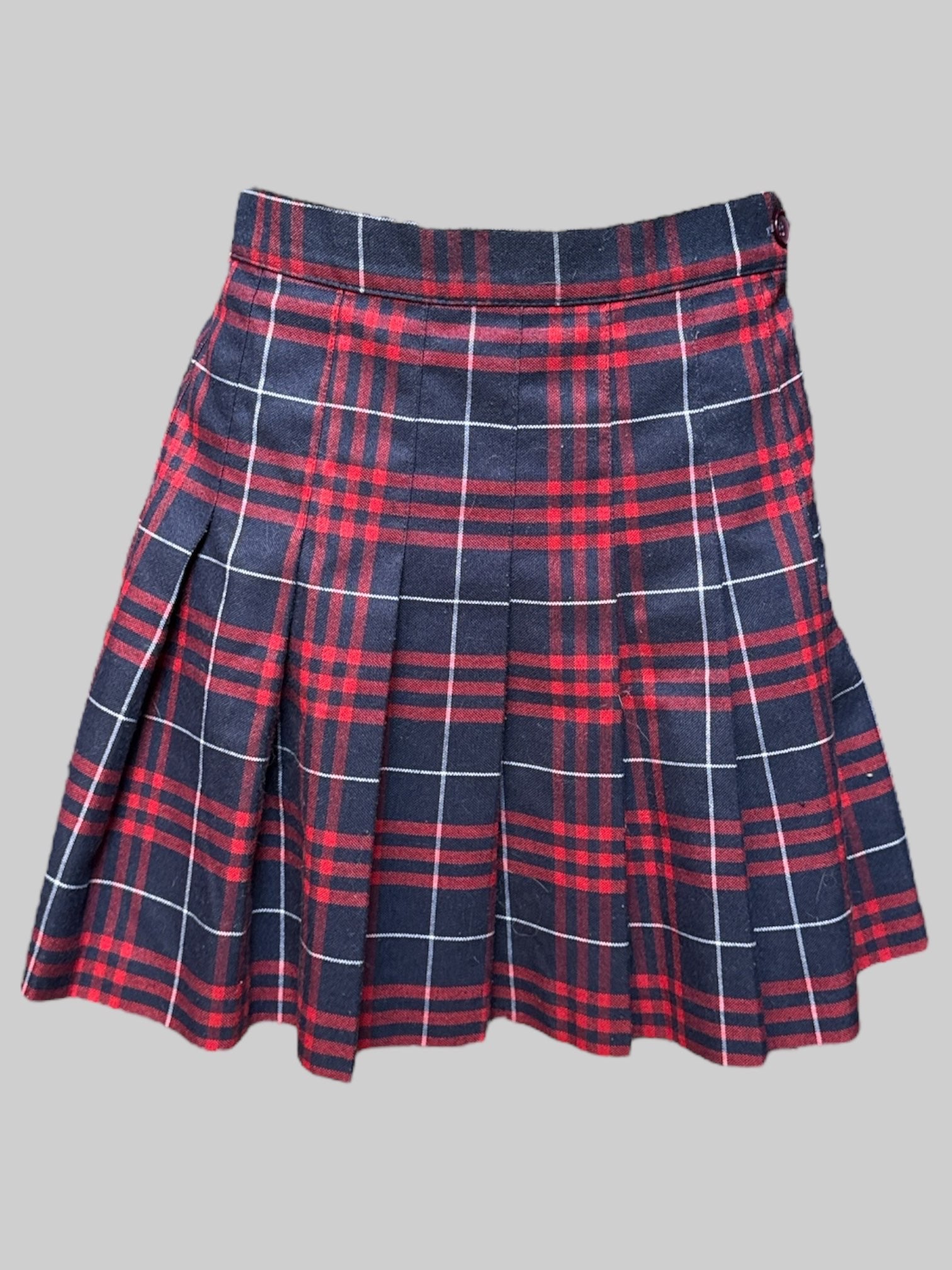 S American Apparel red and navy blue plaid pleated skirt with button and zipper on side