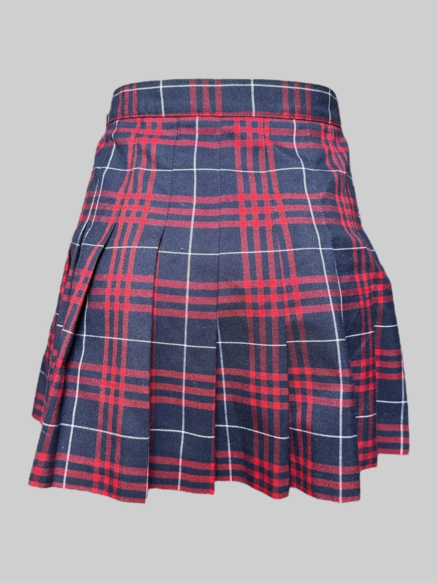 S American Apparel red and navy blue plaid pleated skirt with button and zipper on side