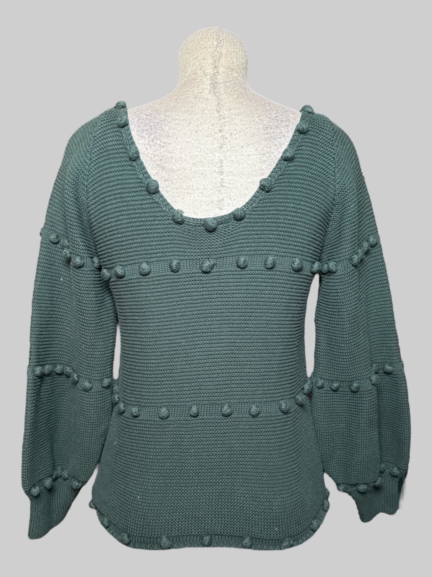 L Storia dark green knit sweater with cuffs and little pom-poms all over