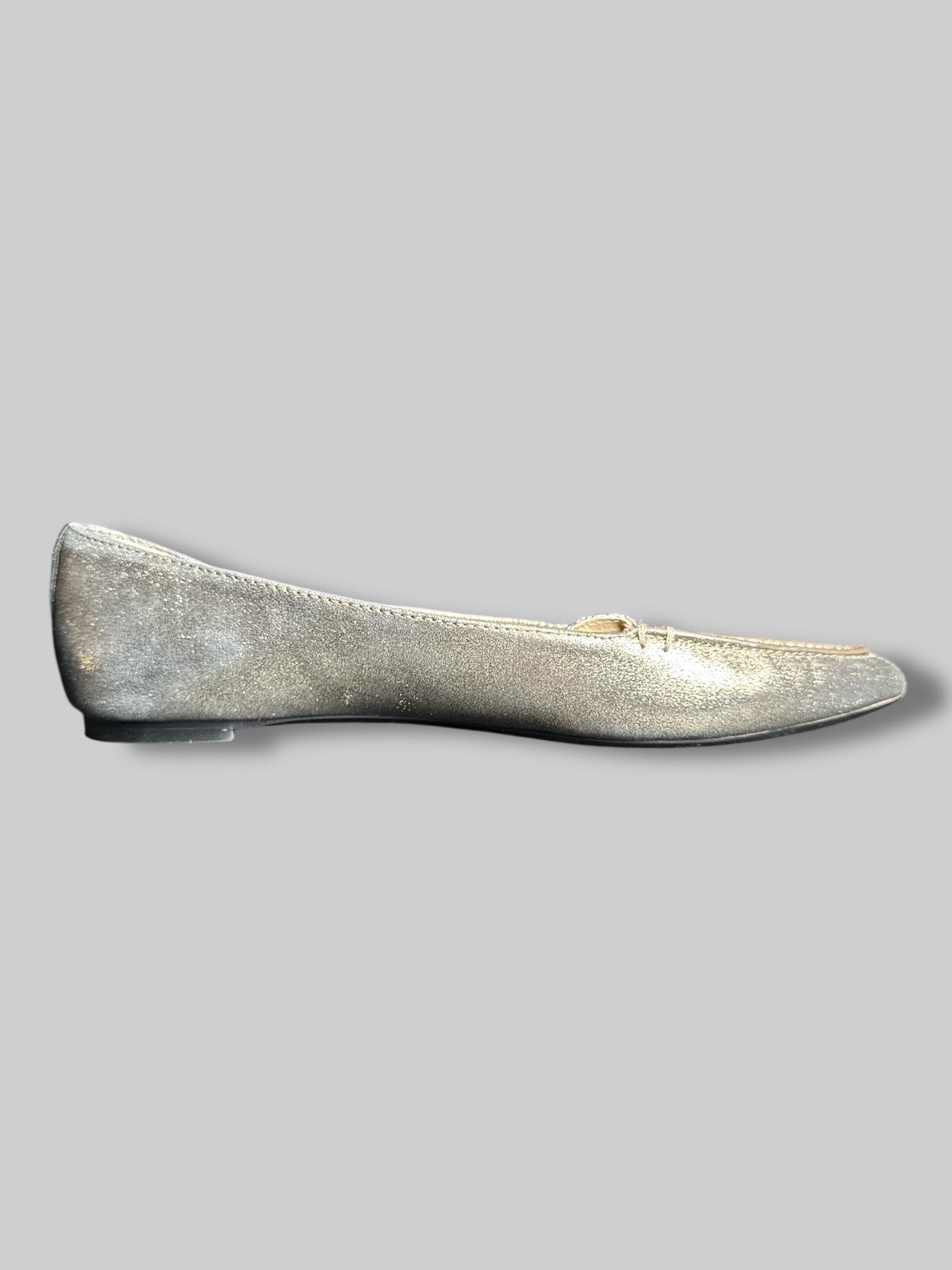 Size 7.5M Karl Lagerfeld silver pointy flats with faux pearls and cutout design on toes