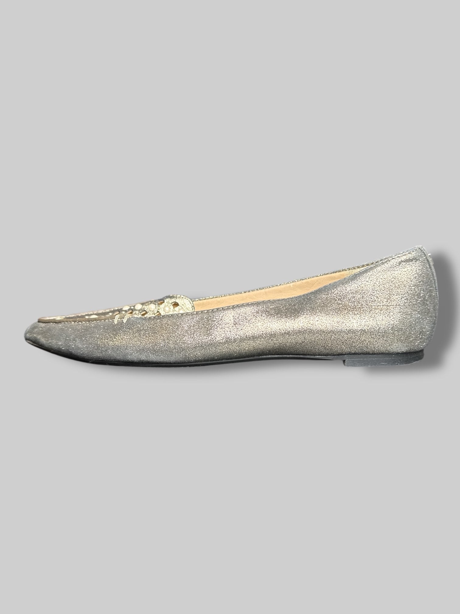 Size 7.5M Karl Lagerfeld silver pointy flats with faux pearls and cutout design on toes